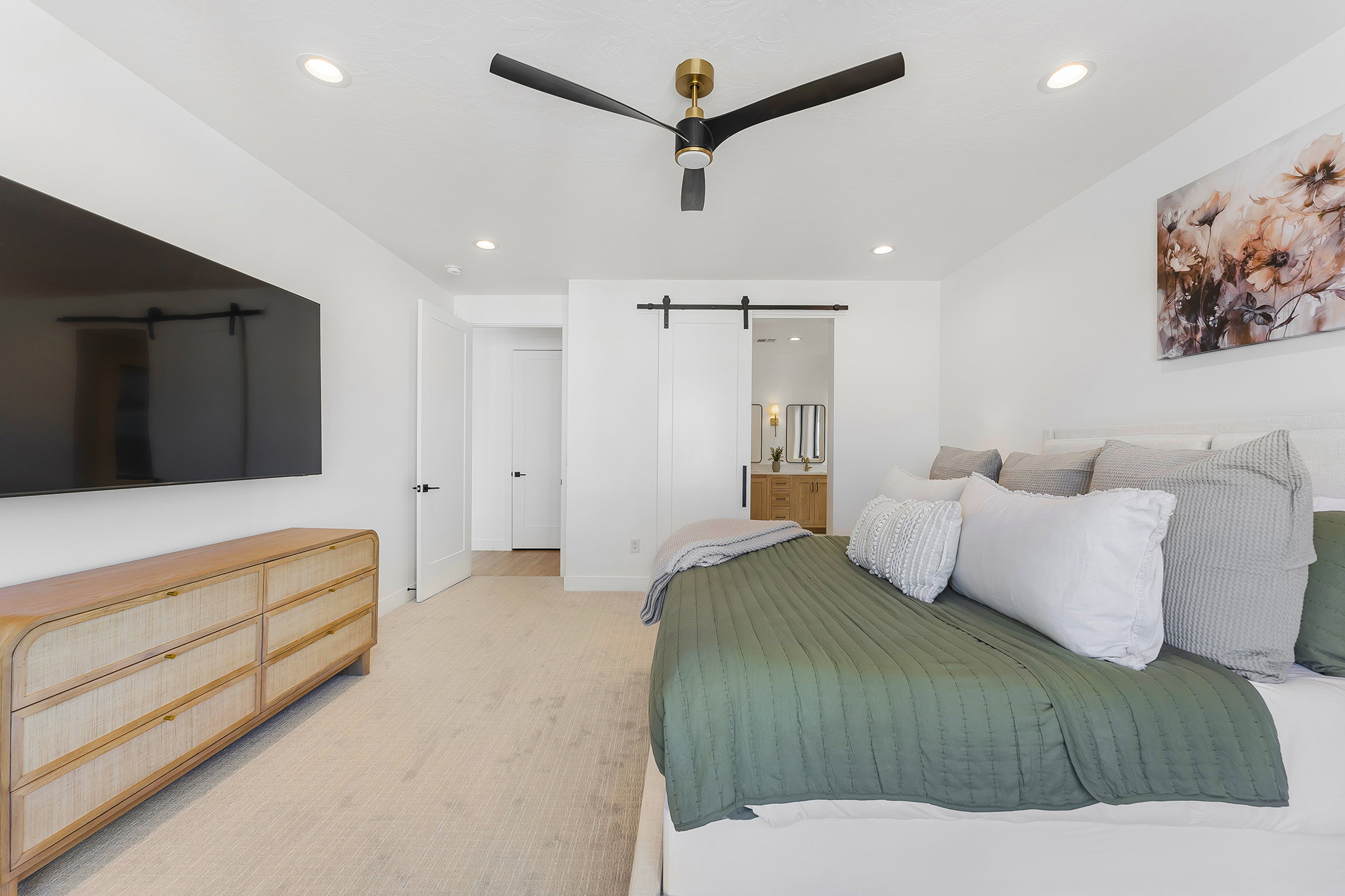 Bedroom with recessed lighting and a contemporary ceiling fan