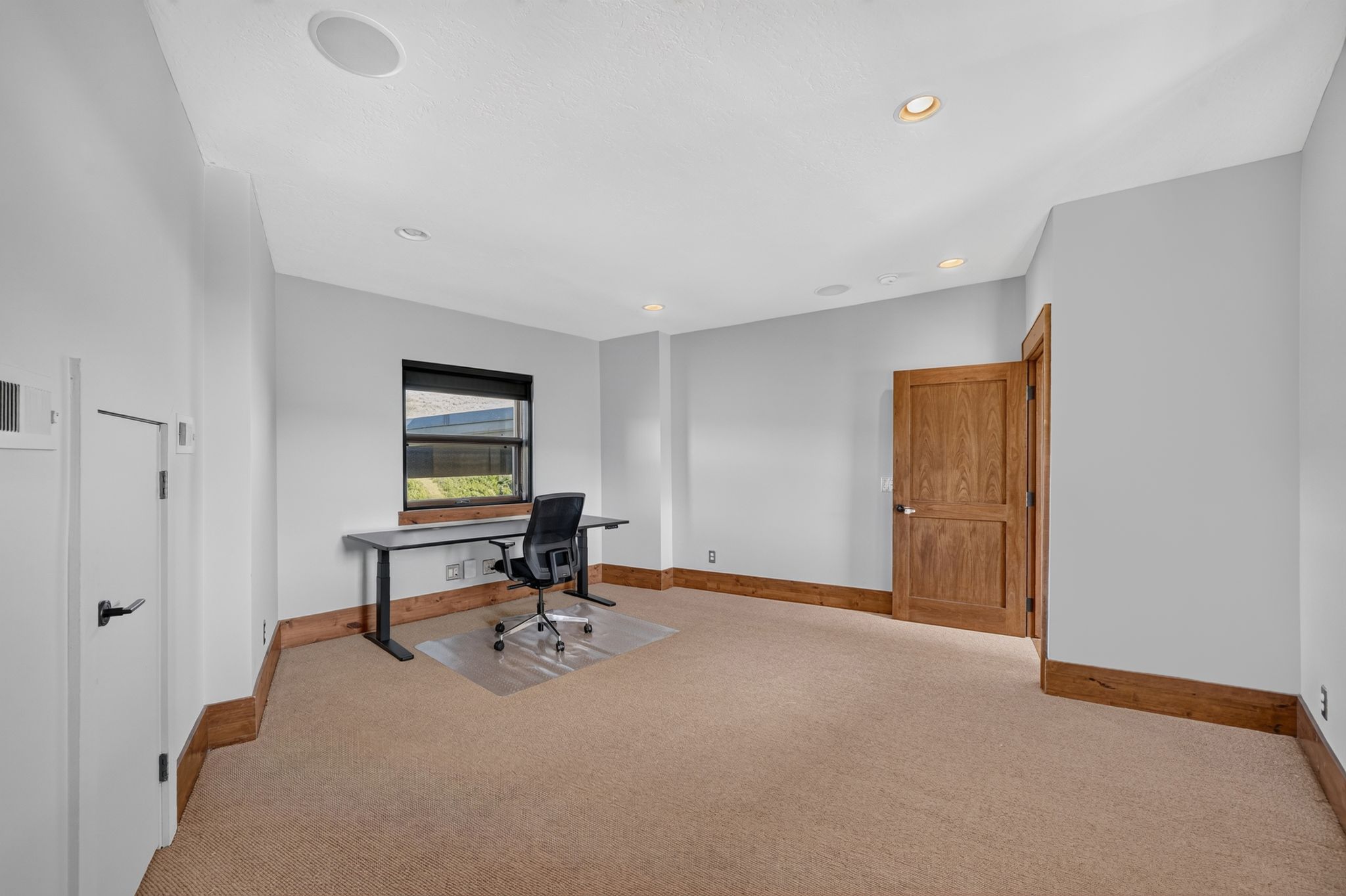 Carpeted room featuring a double-paned window, wood-finish baseboards, recessed lighting, and a solid wood-panel door