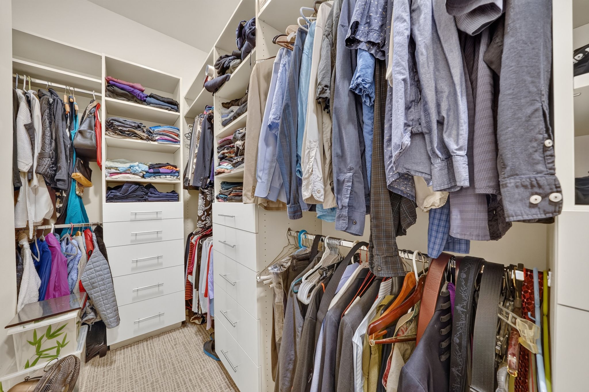 Custom closet system featuring multiple hanging rods, integrated shelving, and white drawer units with contemporary hardware