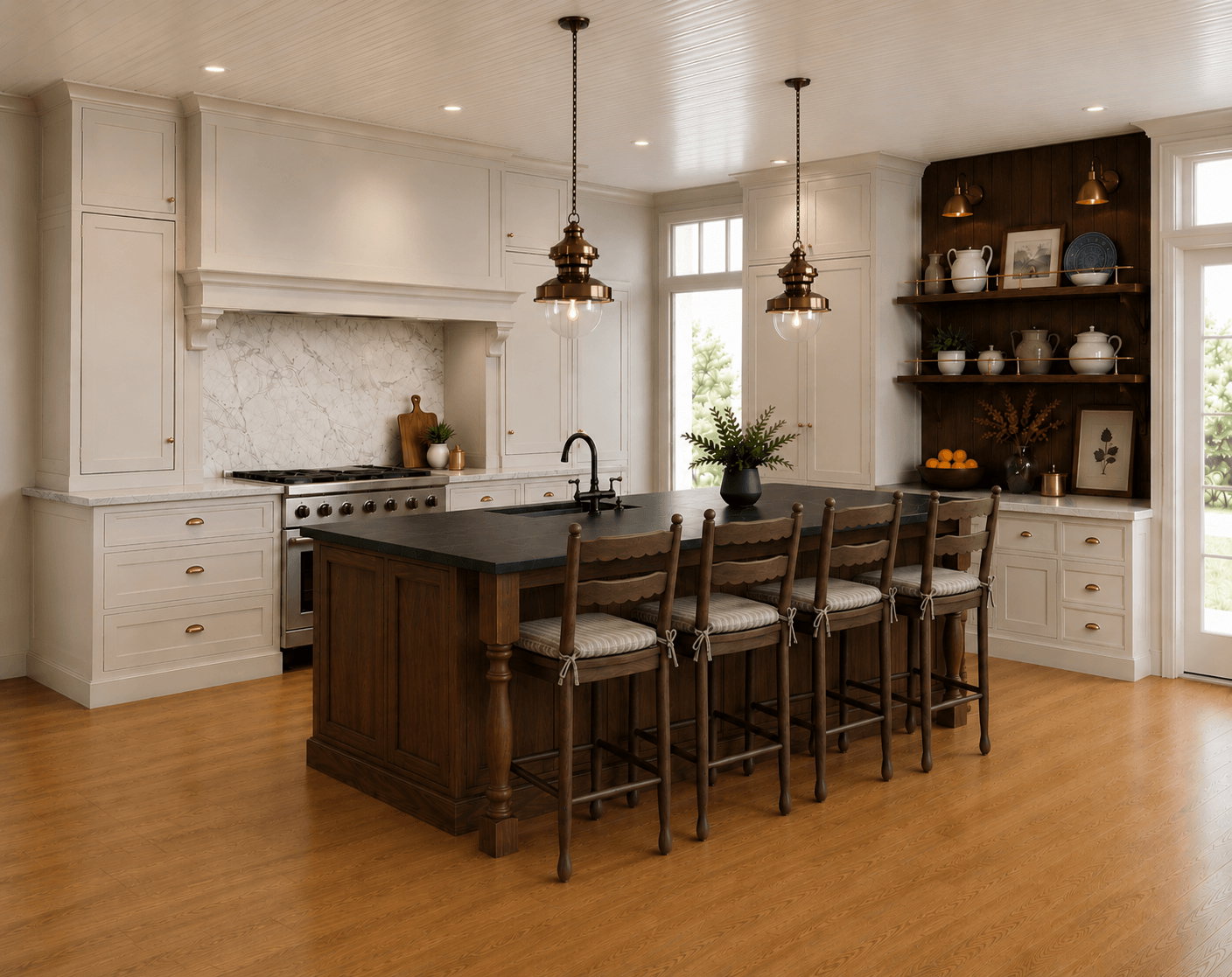 Rendering. Kitchen featuring a large central island with seating, a professional-grade range, a stone slab backsplash, custom cabinetry, and wood-finish flooring