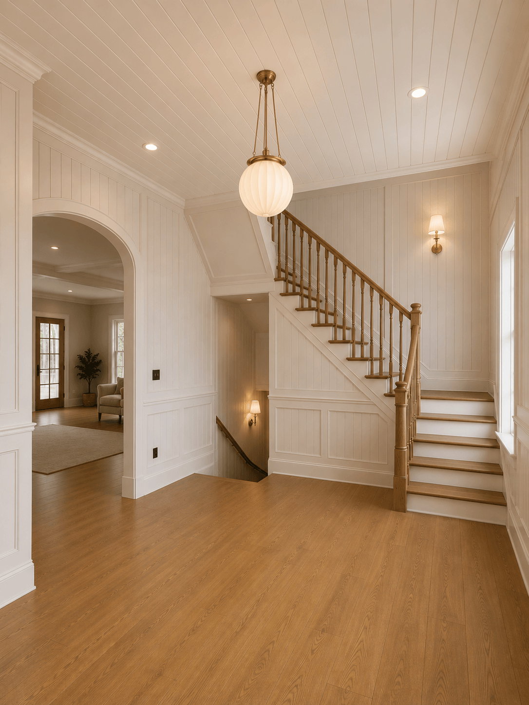 Rendering. Foyer featuring wood-finish flooring, a grand staircase with wood newel posts and balusters, wainscoting, and a spherical pendant light fixture