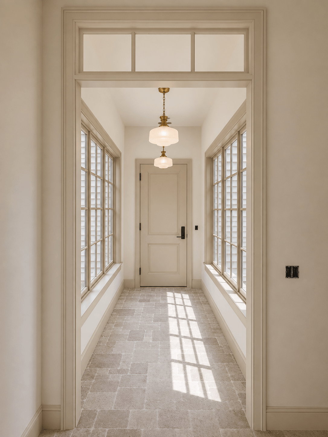 Rendering. Hallway featuring light-toned stone-tile flooring and two pendant light fixtures