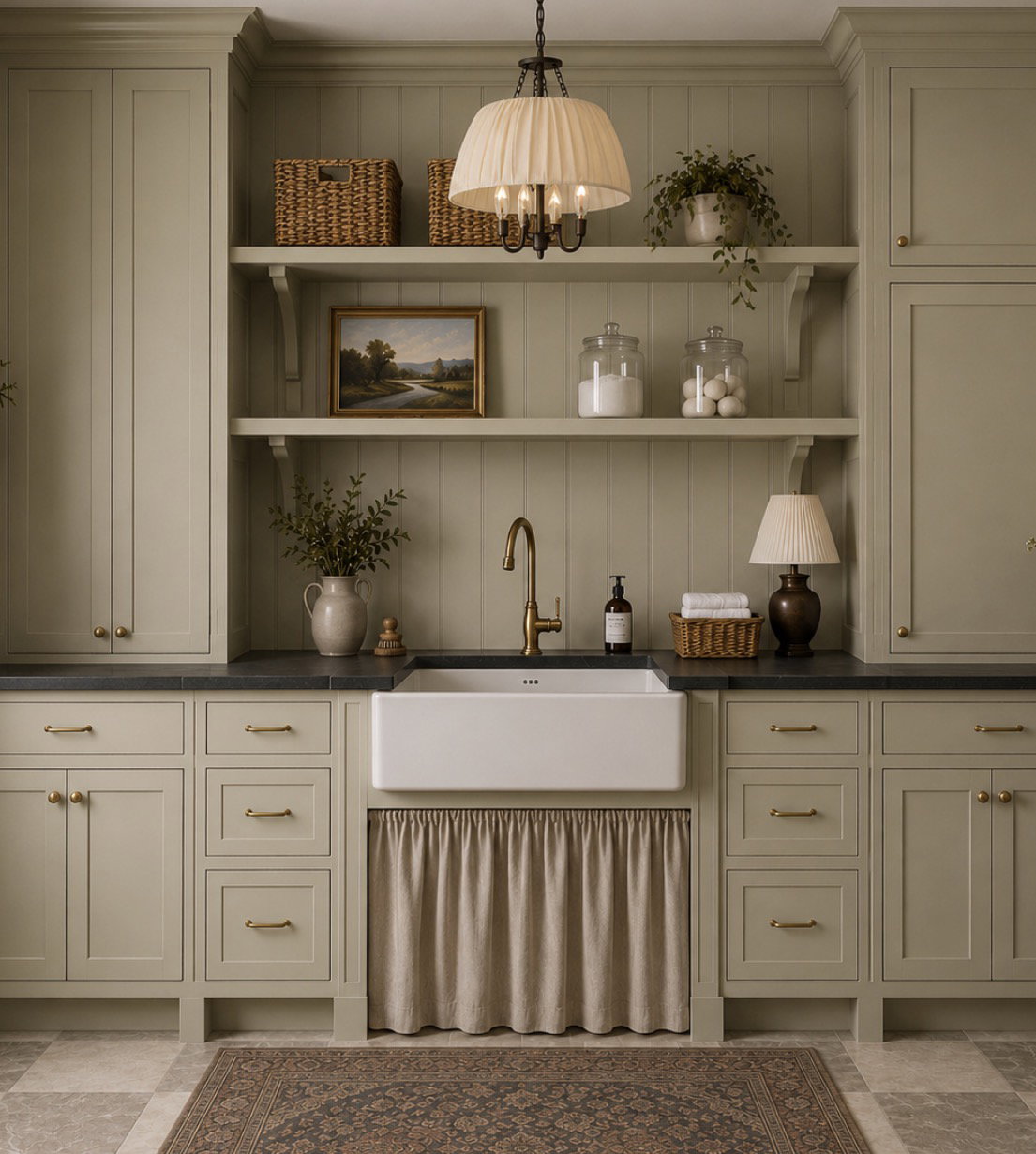 Integrated farmhouse sink with a tall brass faucet, surrounded by extensive sage-toned cabinetry featuring gold hardware