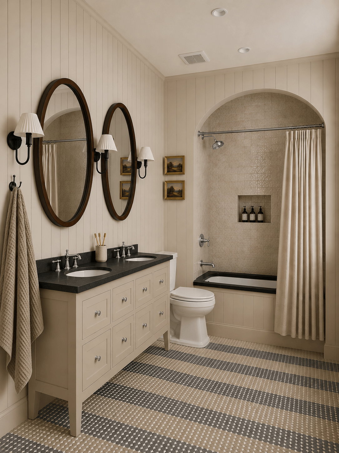 Rendering. Dual oval mirrors with sconce lighting above a double vanity featuring a dark countertop and undermount sinks