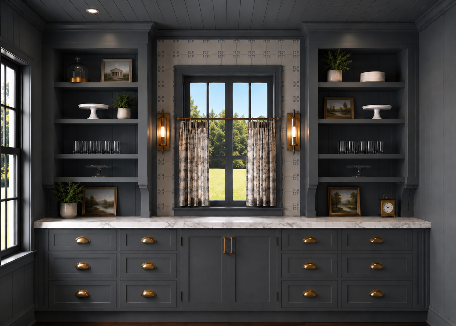 Built-in cabinetry with a light marble countertop and undermount sink