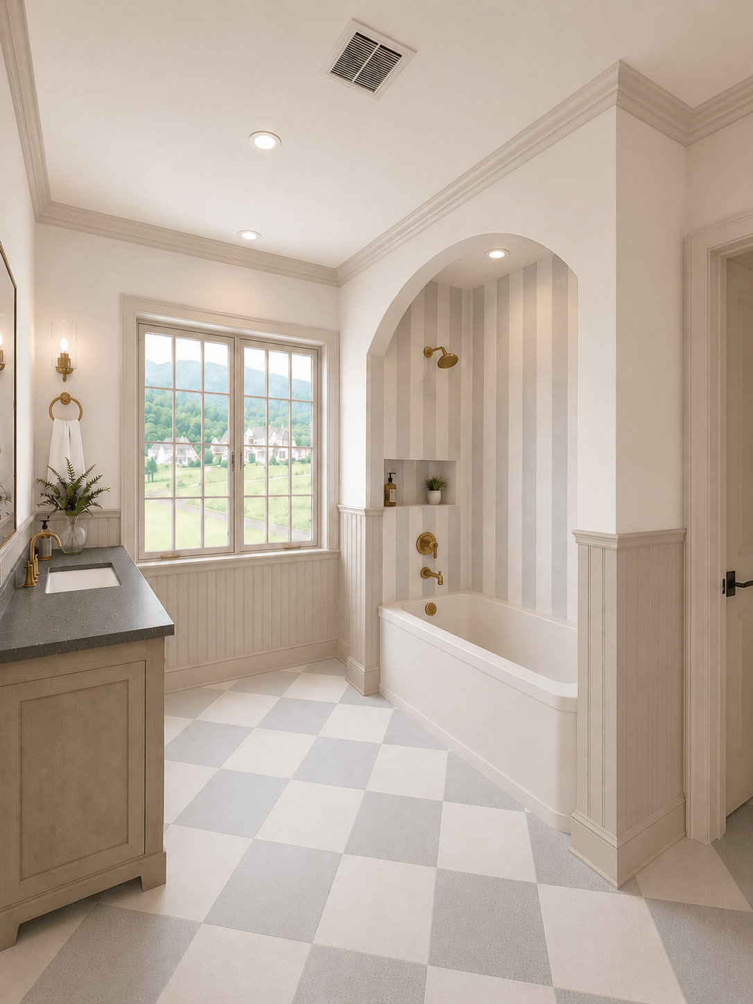 Rendering. Bathroom featuring a built-in bathtub with gold-tone fixtures, an arched shower nook with vertical stripe wall covering, and a window with white grid panes