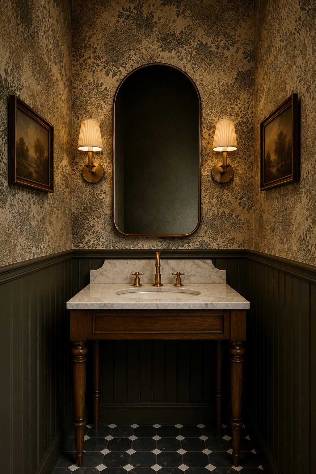 Rendering. Bathroom featuring a freestanding wood vanity with a white stone countertop and integrated sink