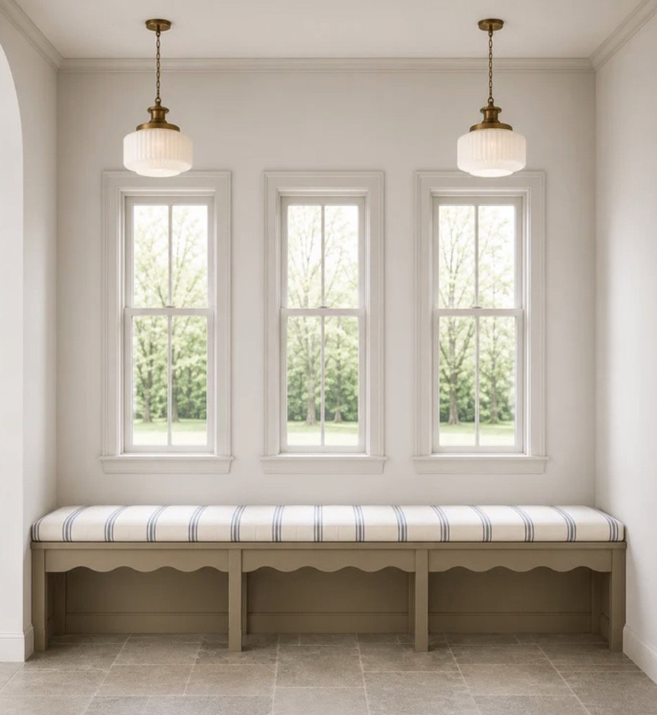 Entryway featuring three double-hung windows, a built-in bench with a striped cushion, two brass and frosted glass pendant lights, and stone tile flooring