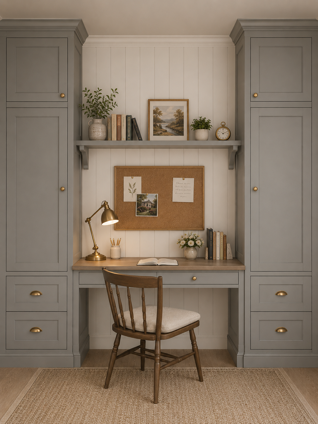 Built-in desk area featuring integrated cabinetry in a muted tone
