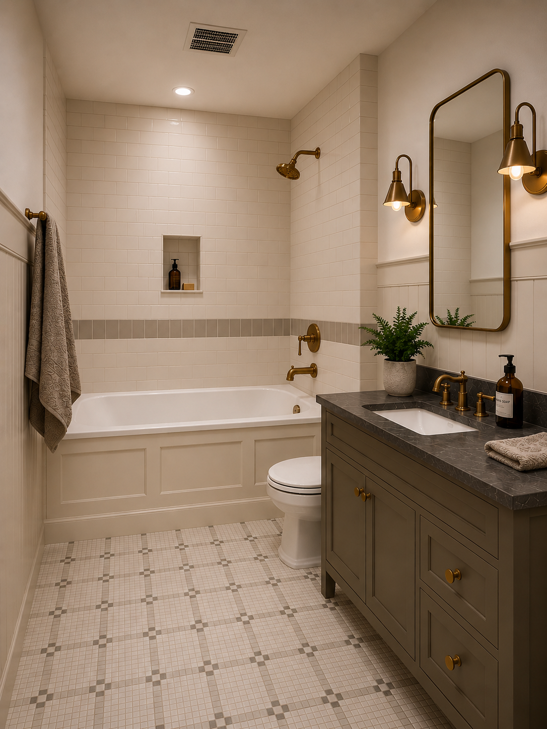 Bathroom featuring a tub with a built-in niche, subway tile surround, and brass fixtures