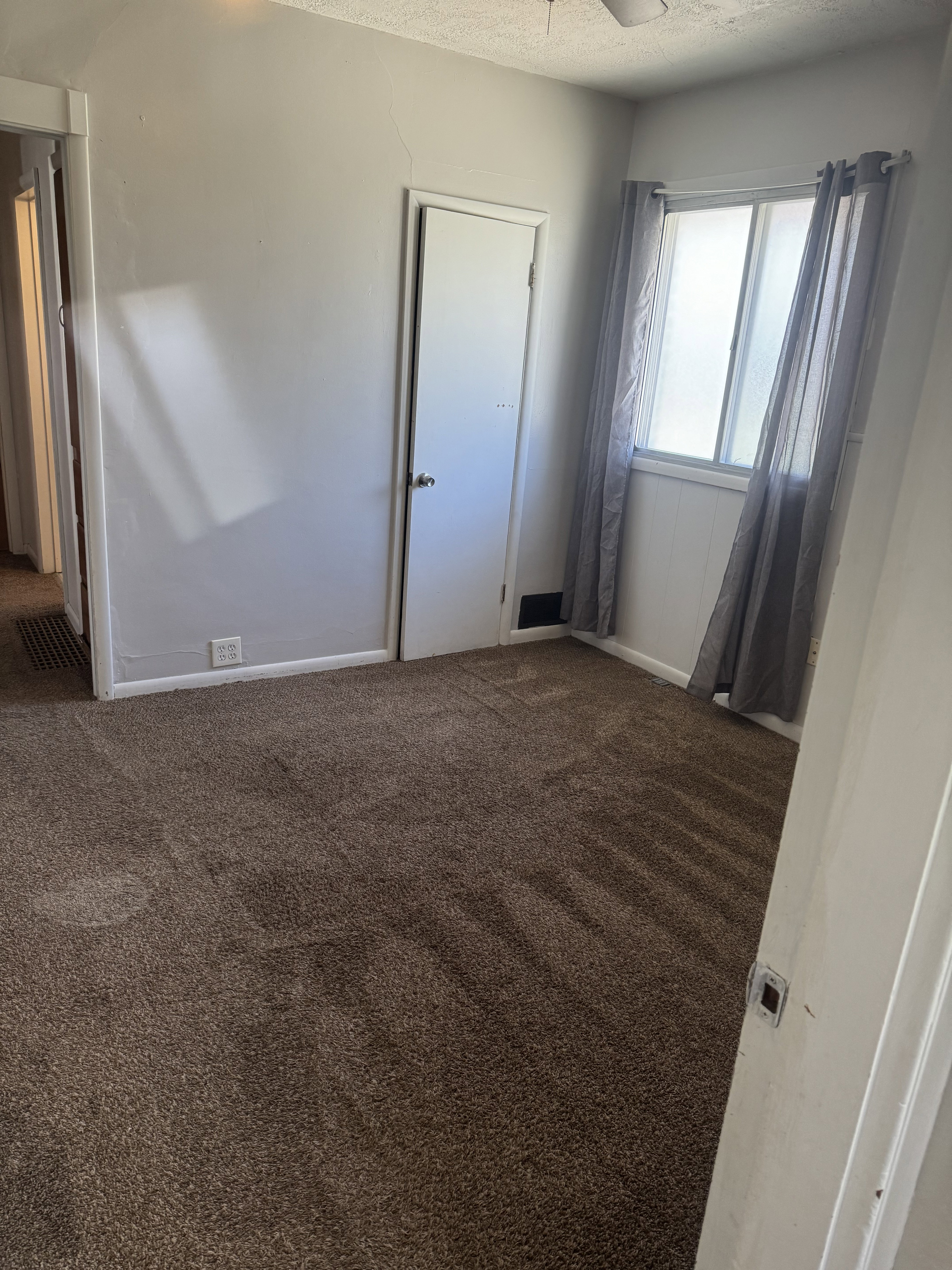 Room featuring light grey painted walls and brown carpeting