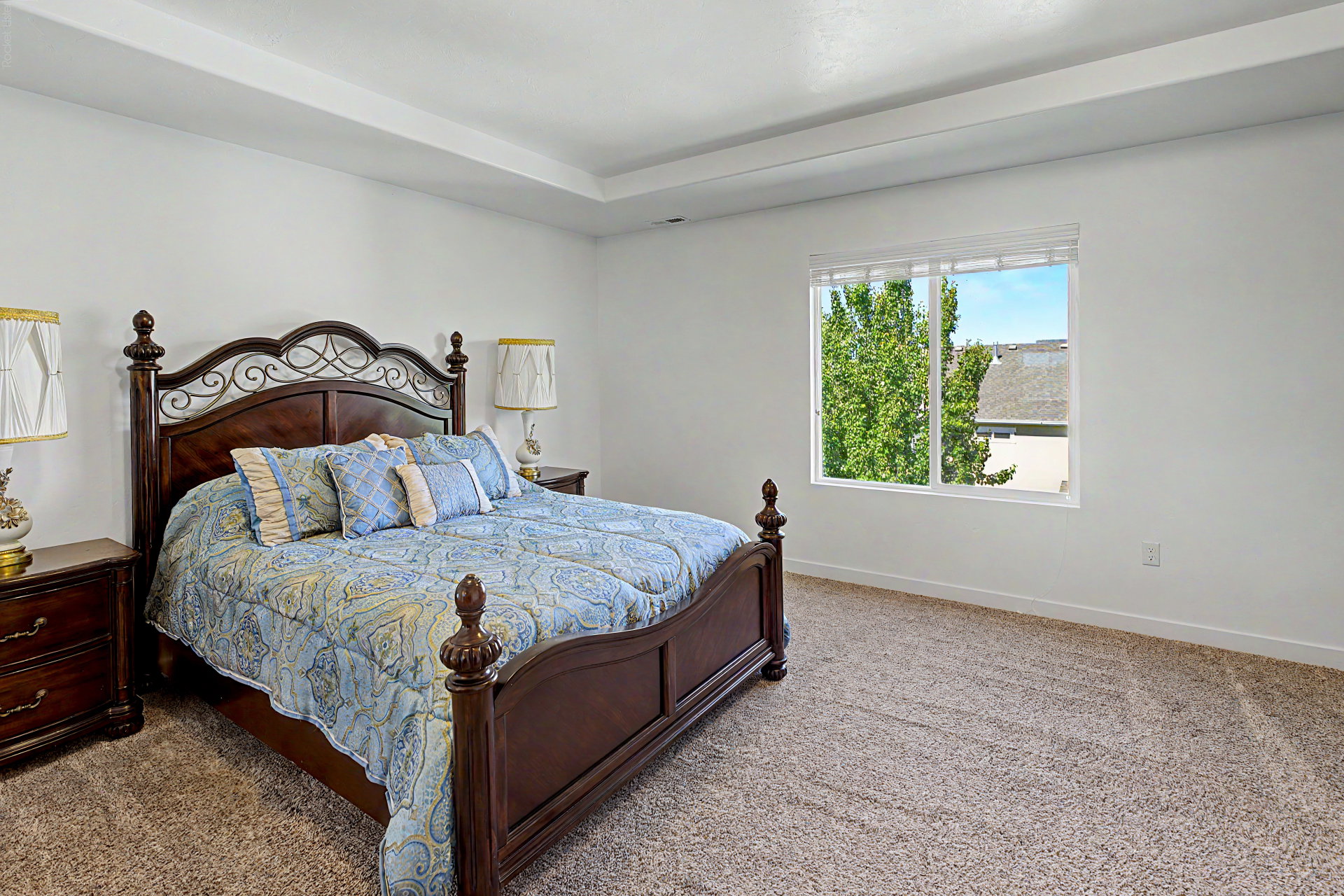 Spacious room featuring a tray ceiling, large window with natural light, neutral carpet flooring, and white baseboards