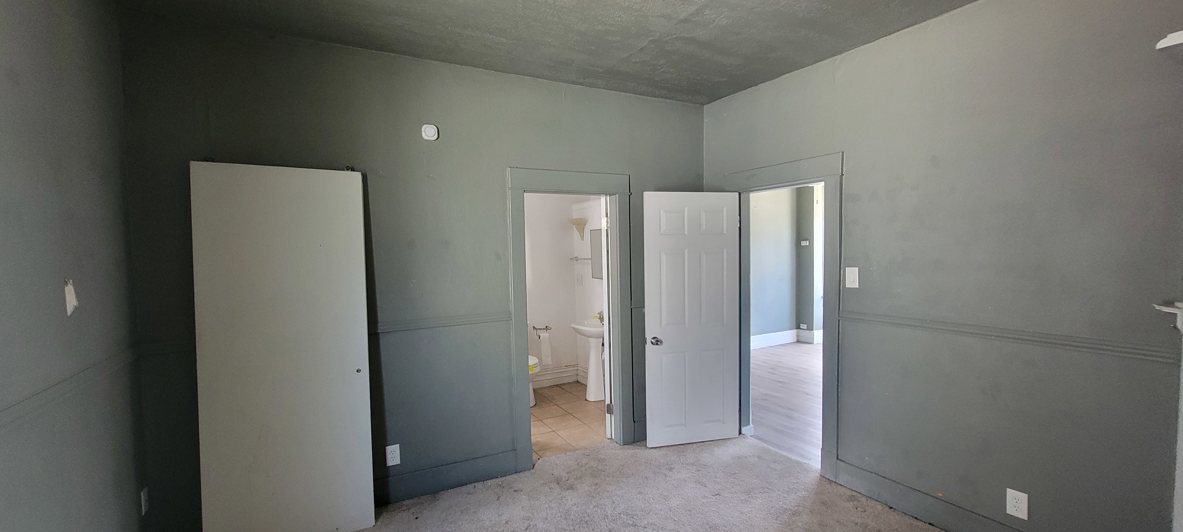 Interior space featuring gray walls with wainscoting, light-colored carpeting, multiple doorways, and a visible bathroom entrance with tiled flooring