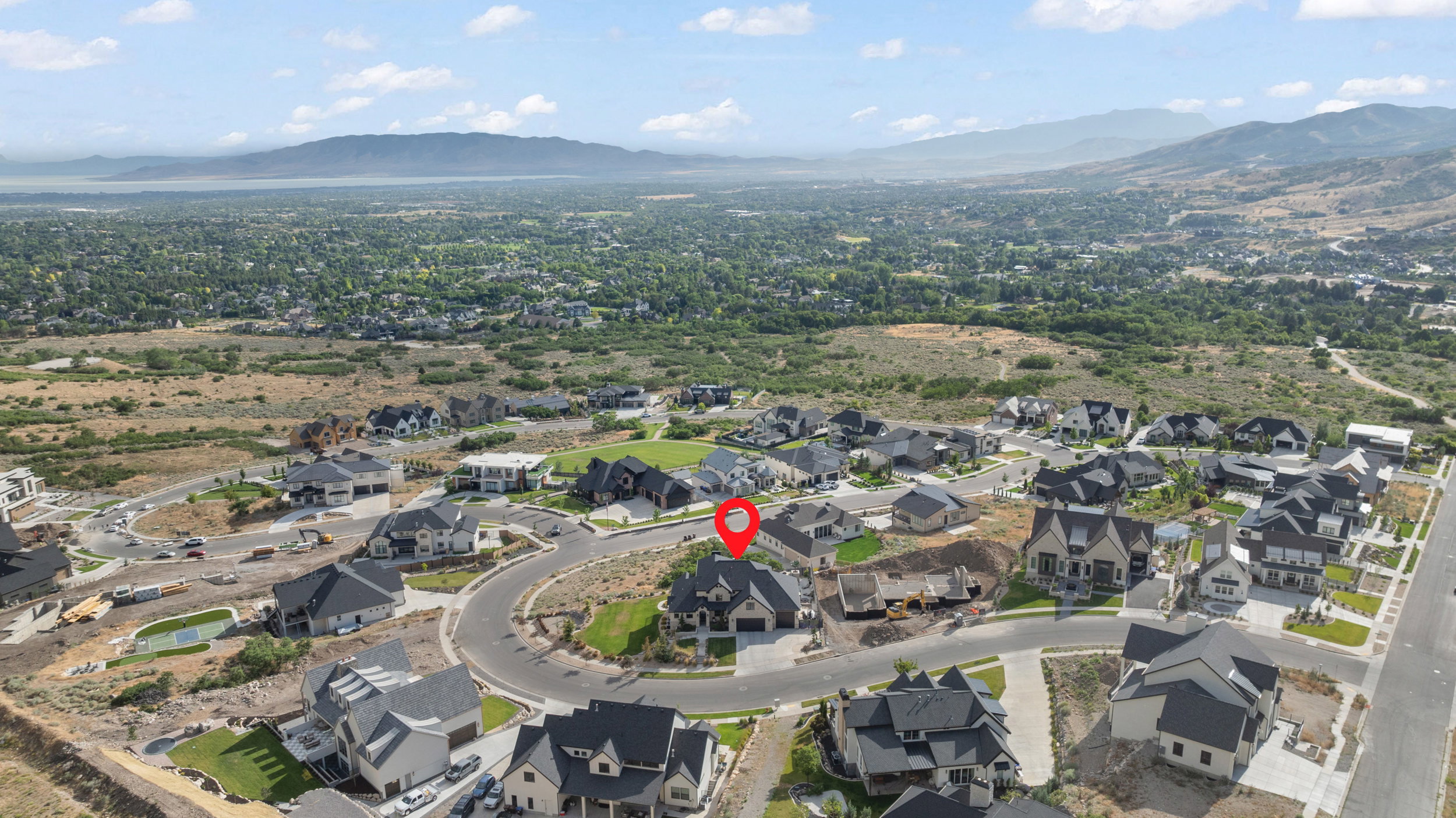 Aerial perspective showcasing a residential development with varied architectural styles