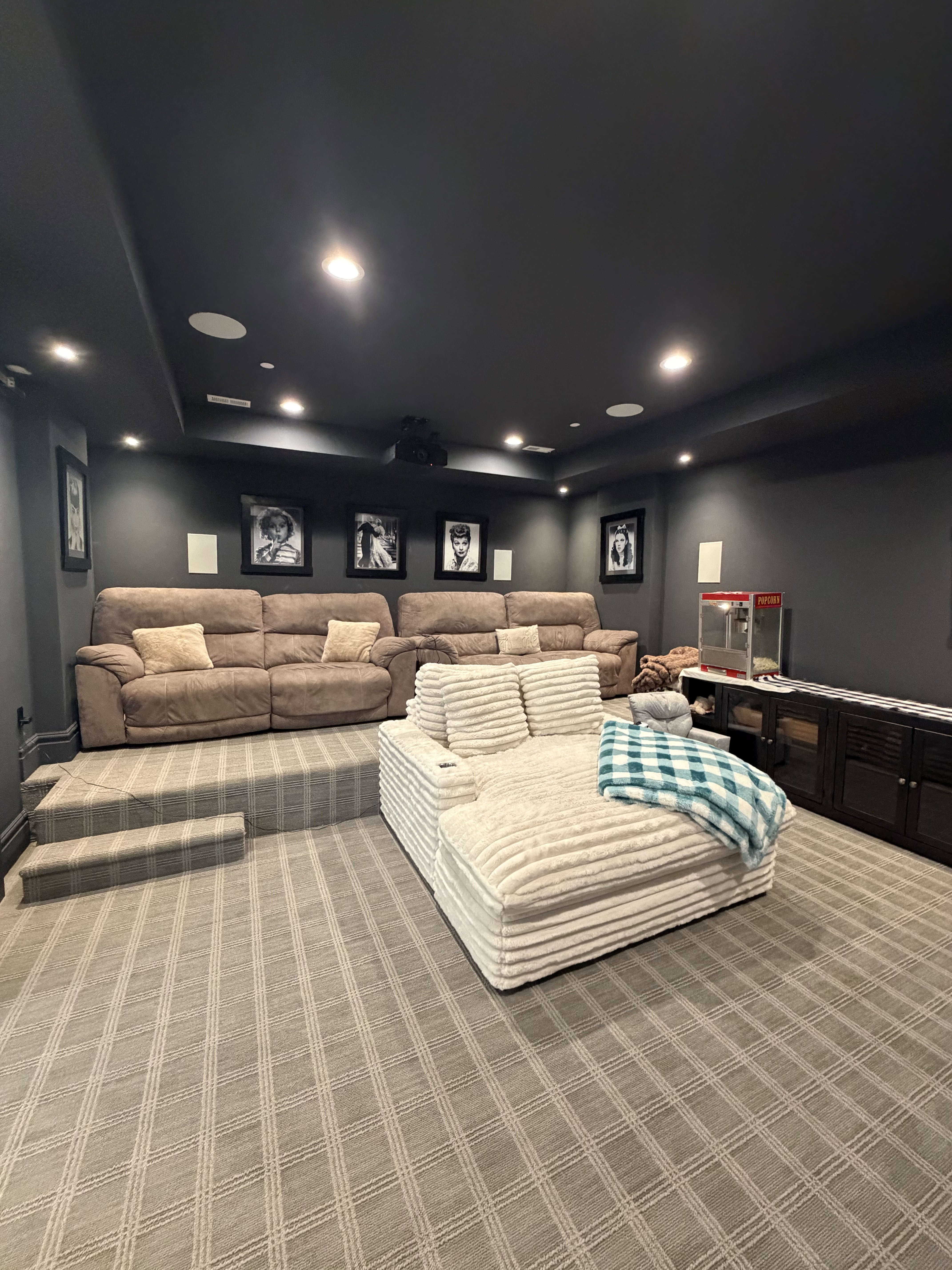 Dedicated media room featuring tiered seating, recessed lighting, ceiling-mounted projector, built-in speakers, and patterned carpet flooring