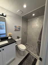 Contemporary bathroom featuring a walk-in shower with pebble tile flooring and large format wall tiles