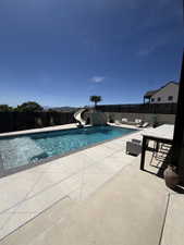 Expansive backyard featuring a custom swimming pool with integrated slide and water features
