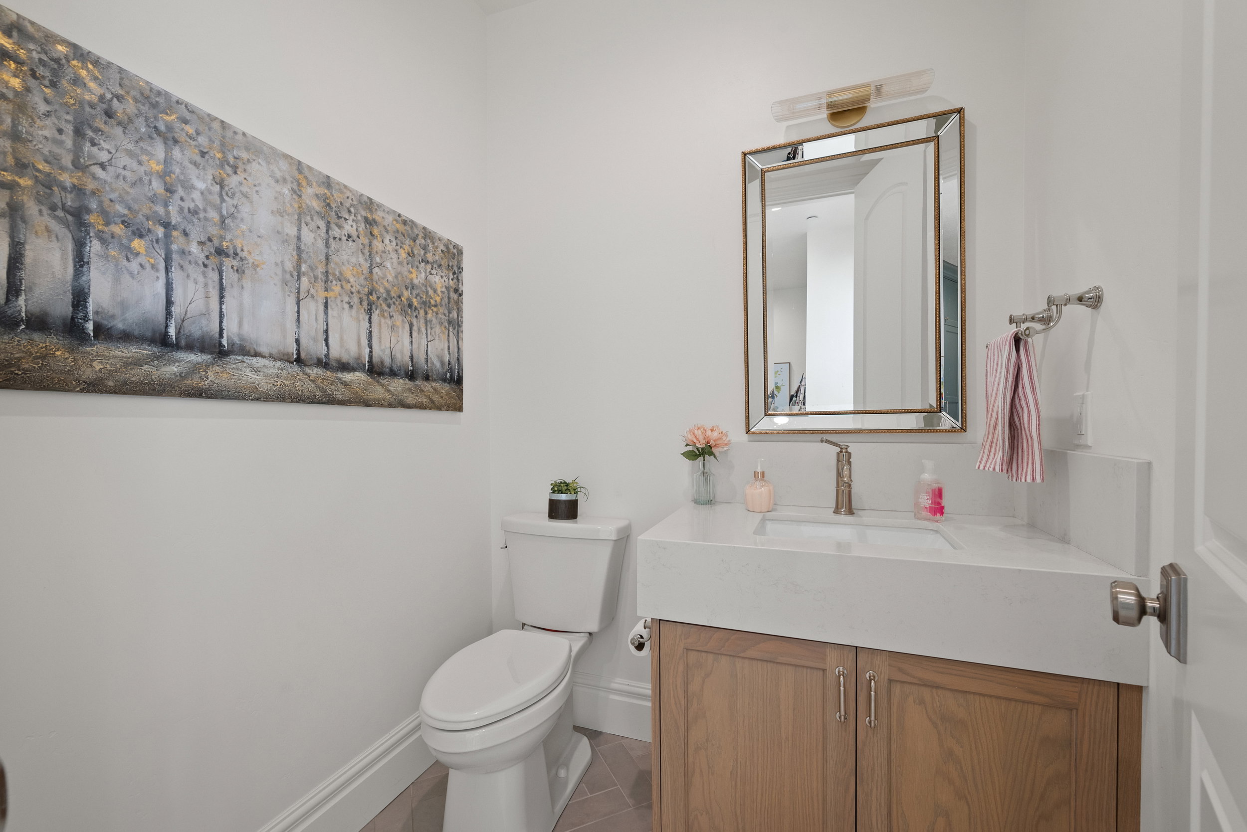 Powder room featuring a light wood vanity, white countertop with integrated sink, and an ornate framed mirror with an overhead light fixture