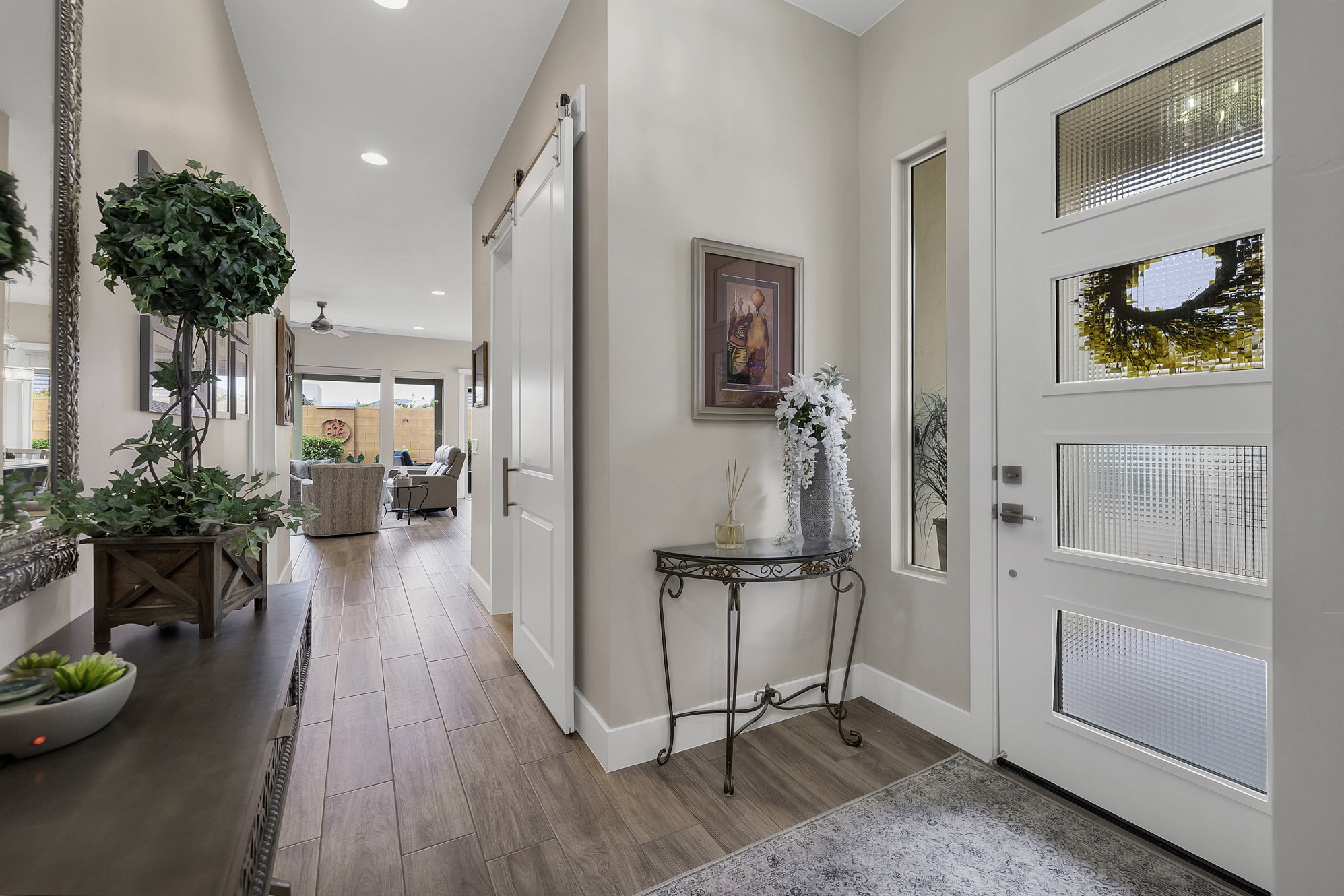 Entryway featuring a contemporary front door with textured glass panels and a sidelight