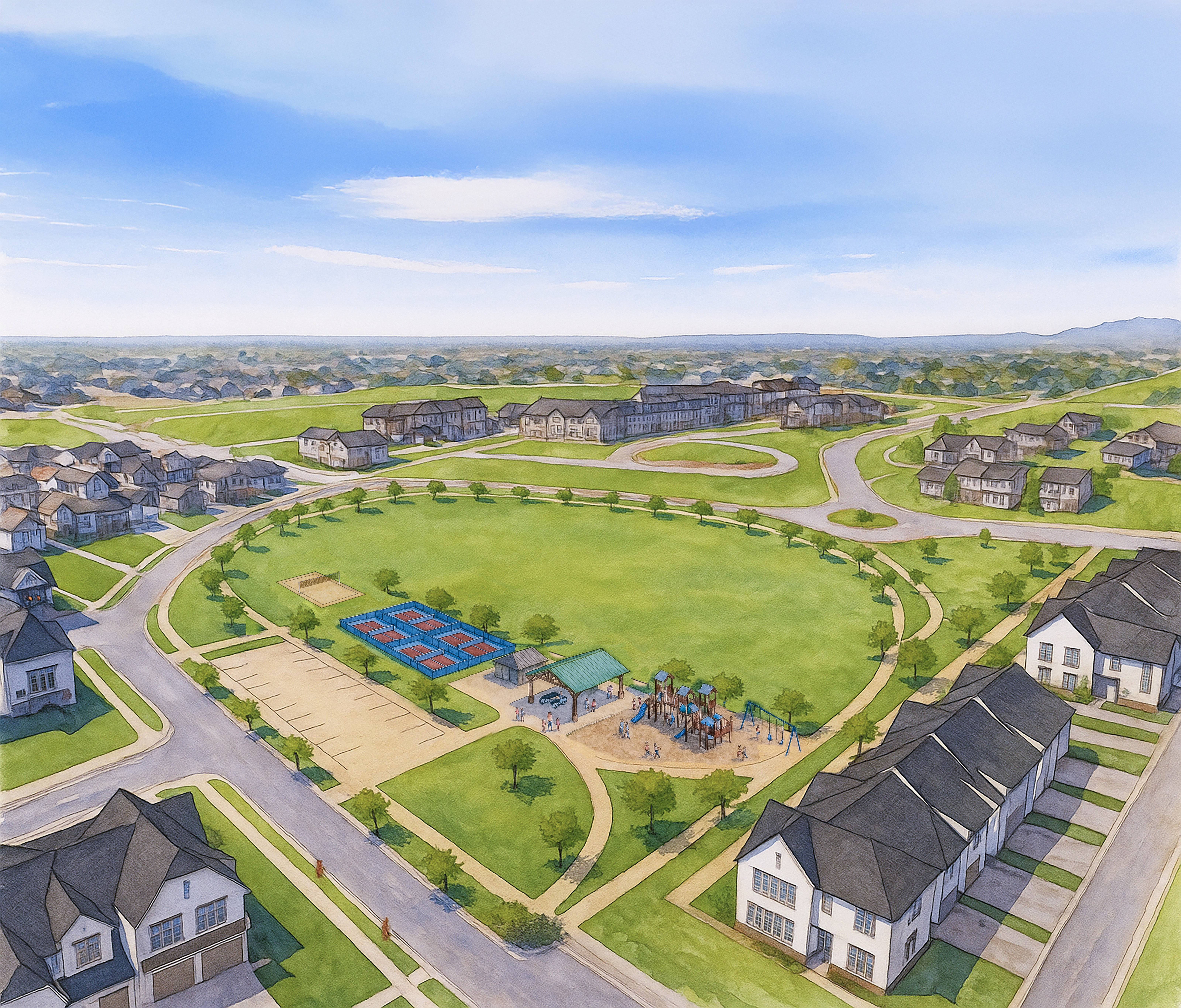 Expansive green space featuring multiple sports courts, a covered pavilion, and a playground structure