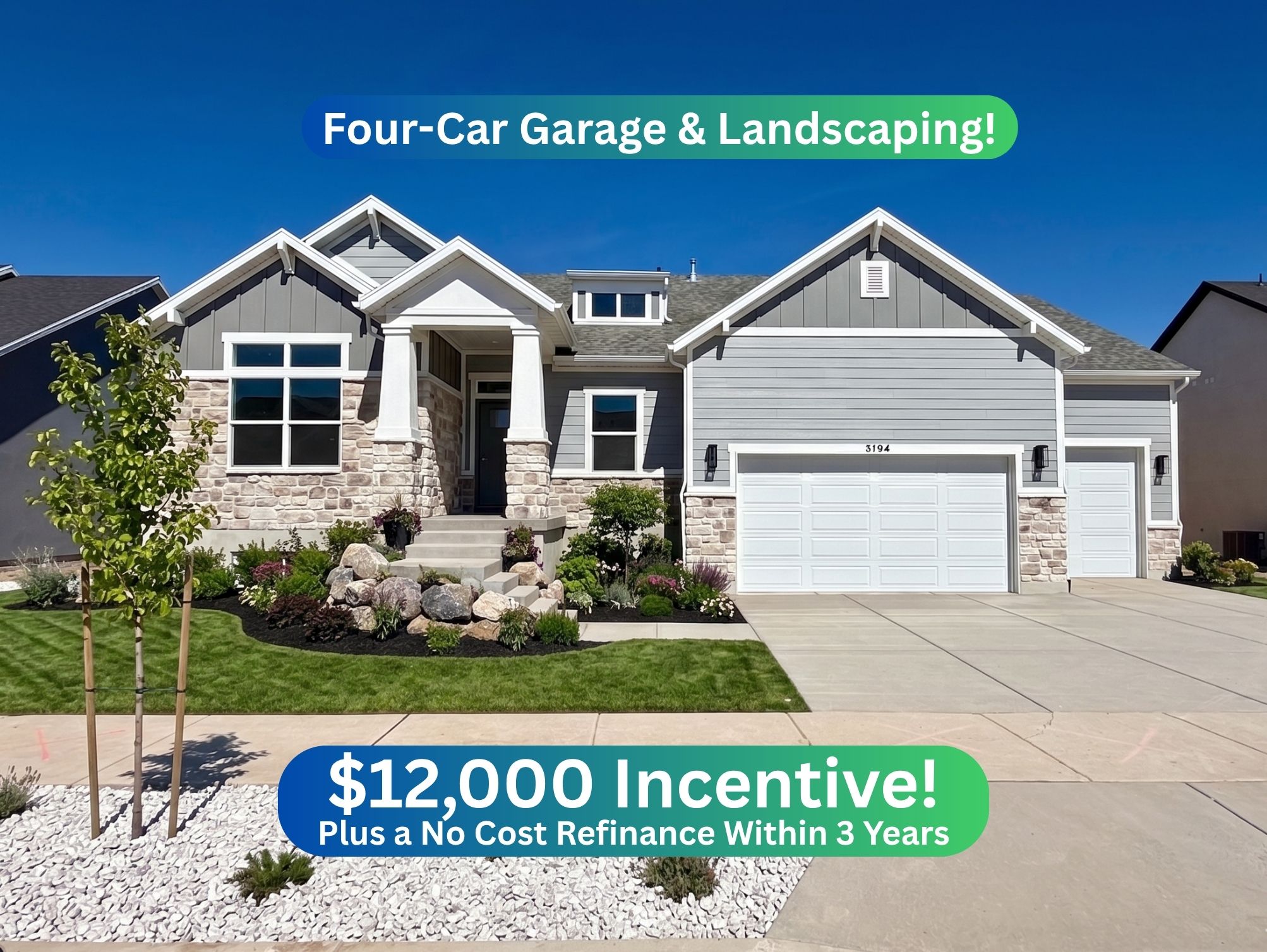 Real Estate Marketing Flyer. Highlighting features of the property including a four-car garage, landscaping, and a financial incentive with refinance option
