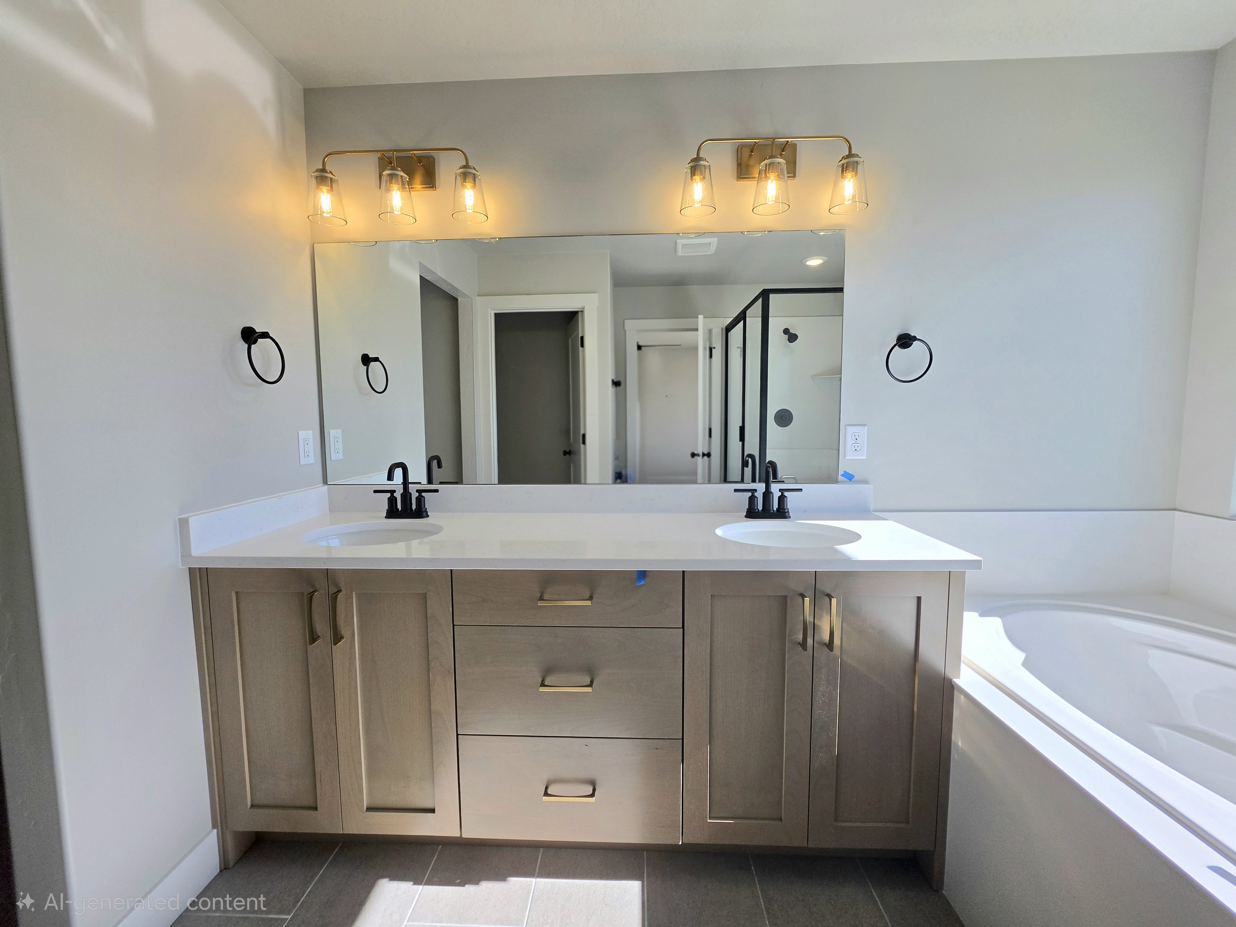 Double vanity featuring light wood-finish cabinetry and white countertops