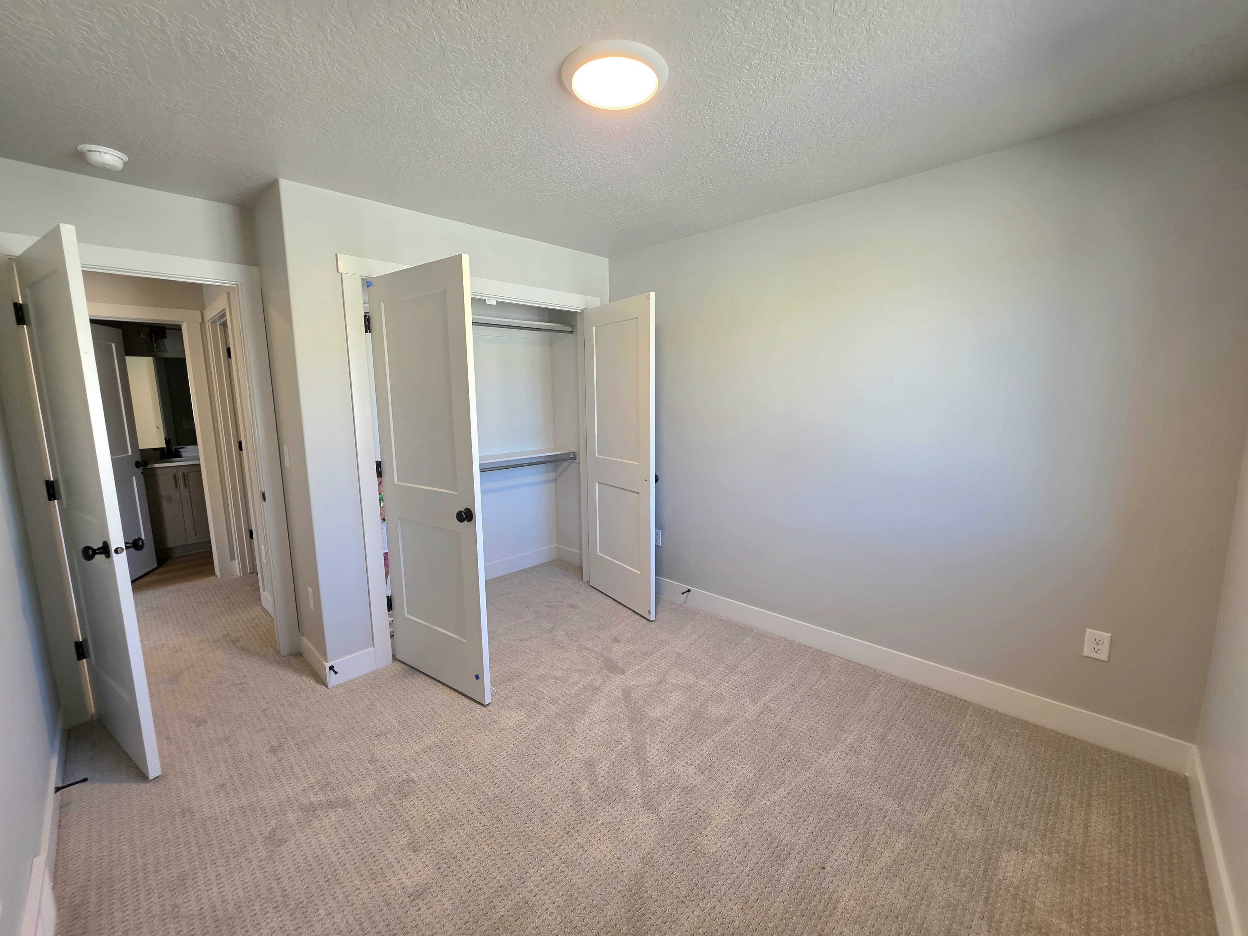 Carpeted room featuring a built-in closet with shelving and hanging rod, a flush-mount ceiling light, and a white trim package