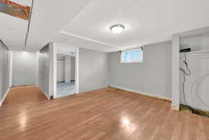 Open concept room with wood-finish flooring, light grey walls, and a recessed window