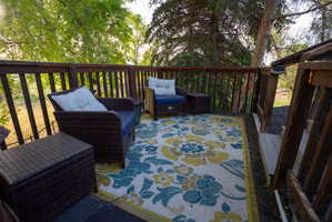 Elevated outdoor deck with a dark wood railing and balusters