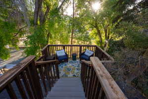 Elevated wood-finish deck with full railing and steps, surrounded by mature trees