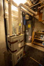 Central air handler with associated ductwork, water heater, water filtration system, and exposed utility piping