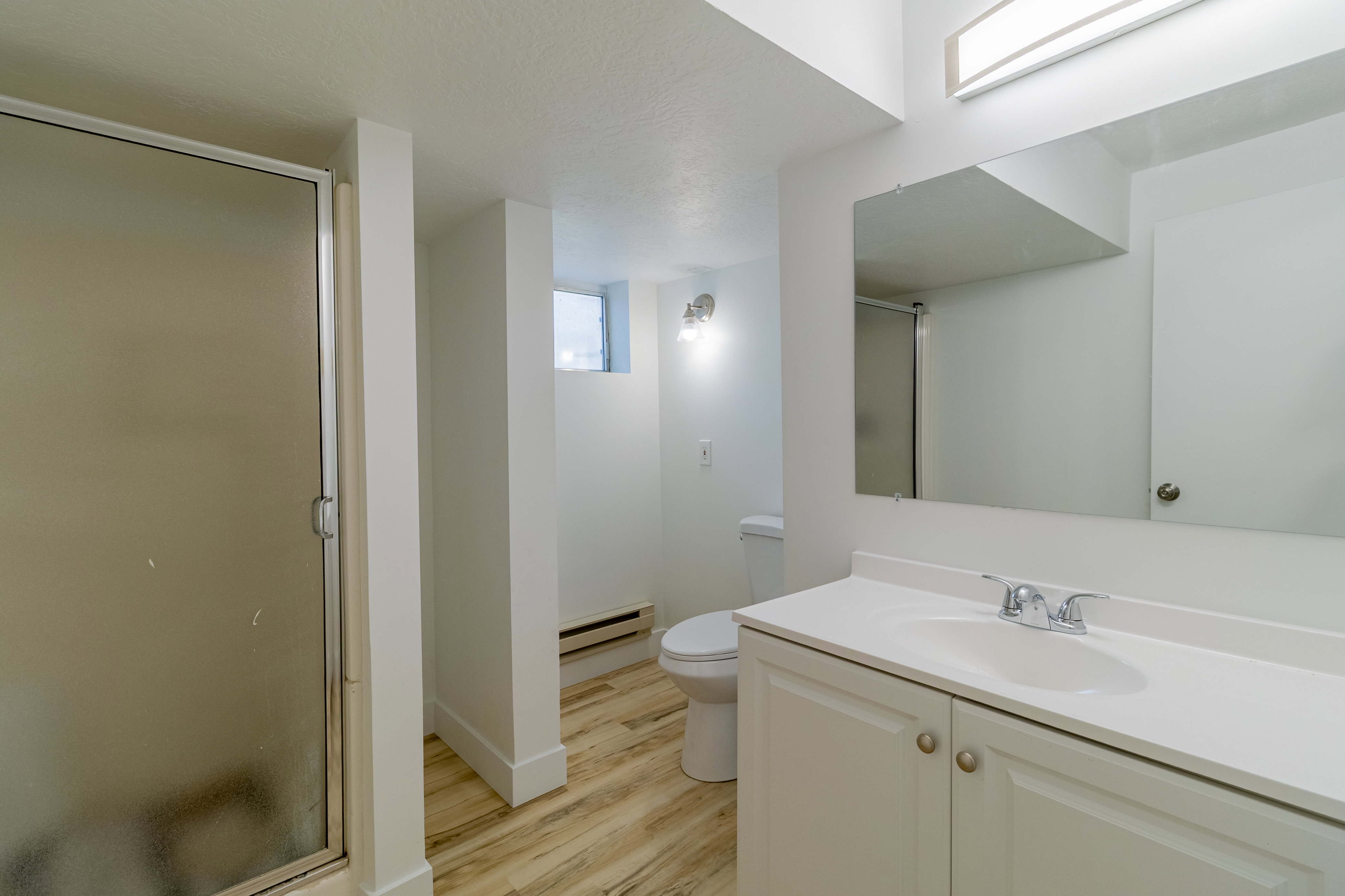 Bathroom featuring a vanity with white cabinetry and integrated sink, a rectangular mirror, and a shower with frosted glass enclosure