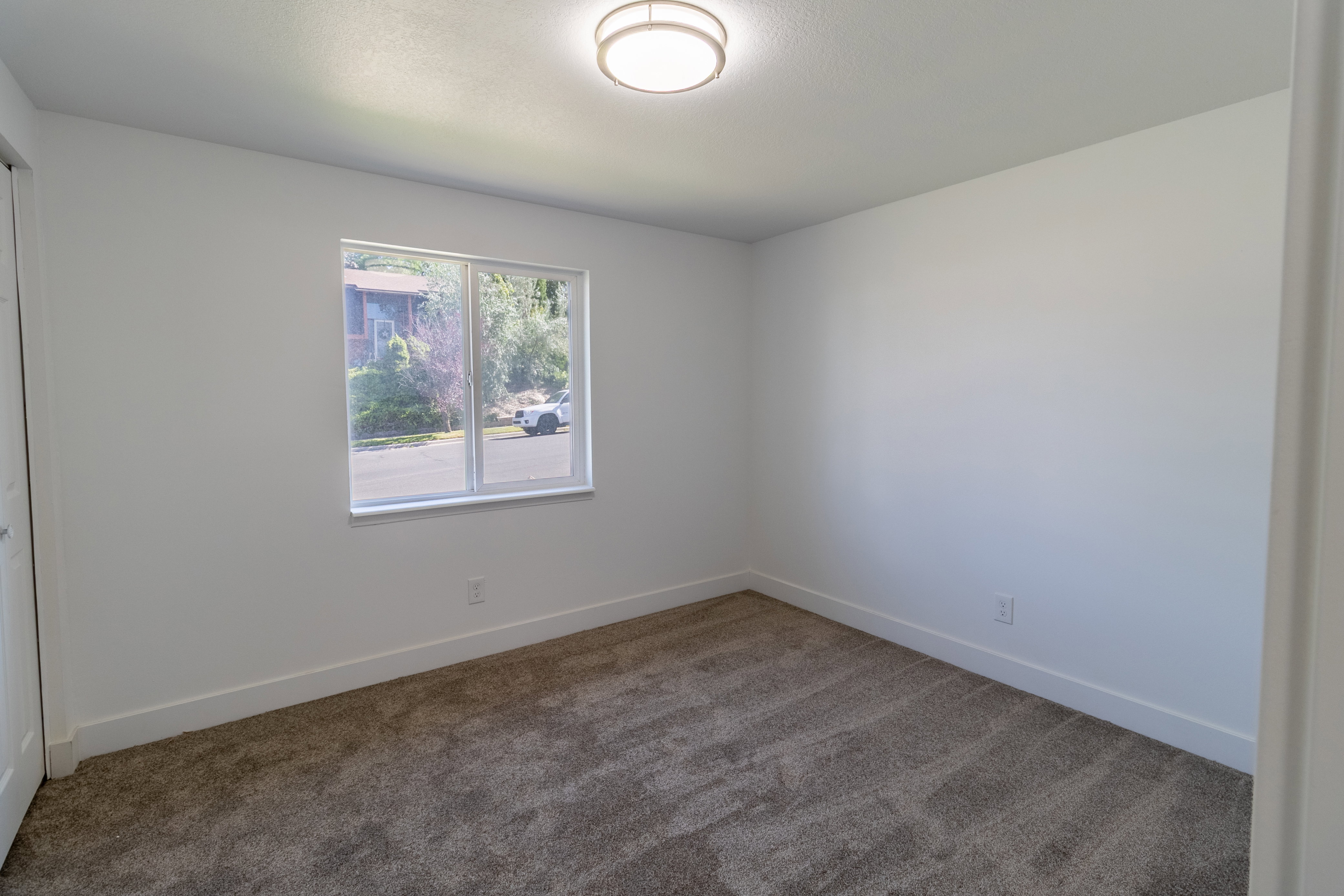 Neutral tone walls with white trim and plush carpet flooring