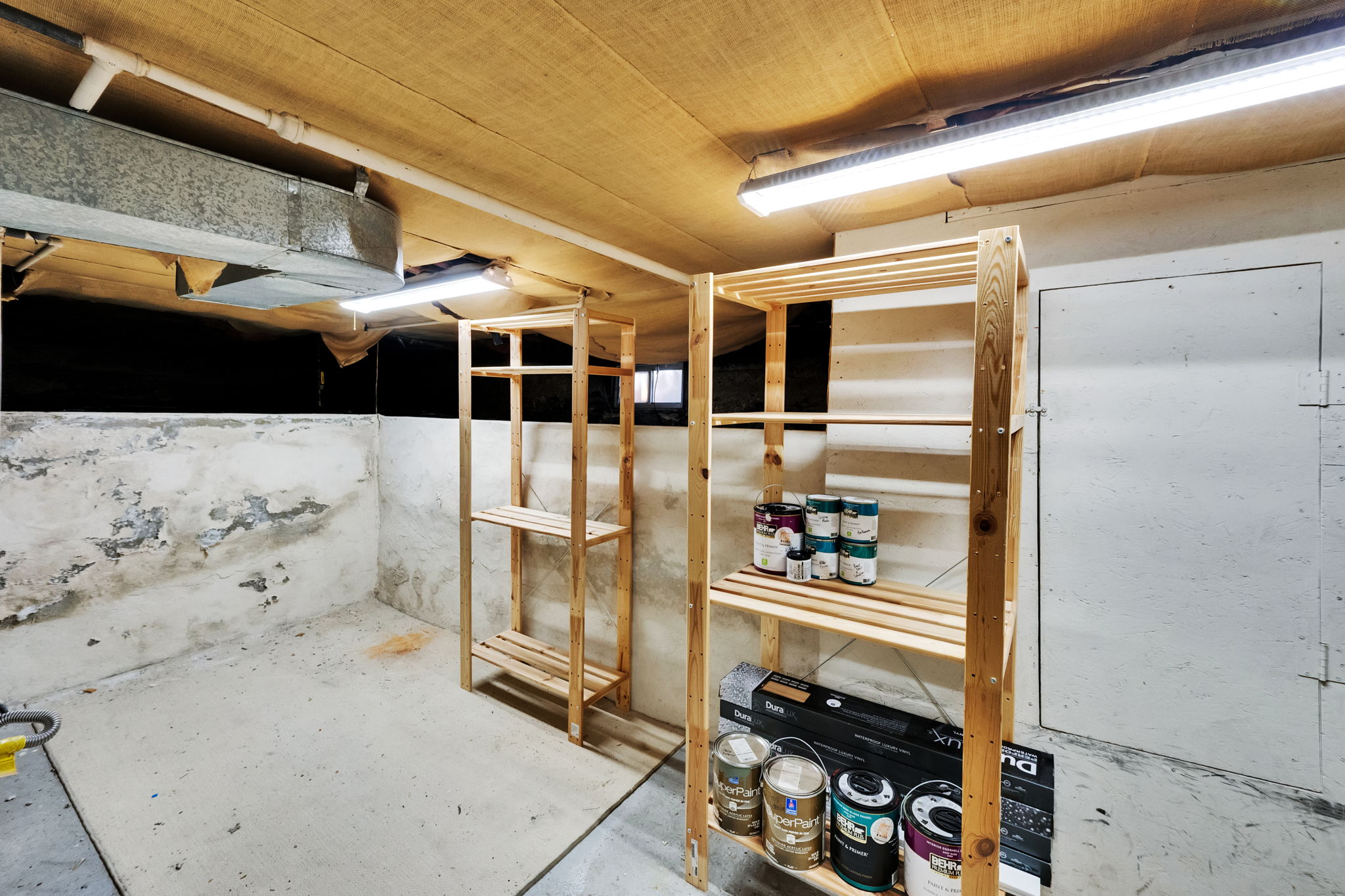 Basement space featuring concrete flooring, exposed ductwork, and overhead fluorescent lighting