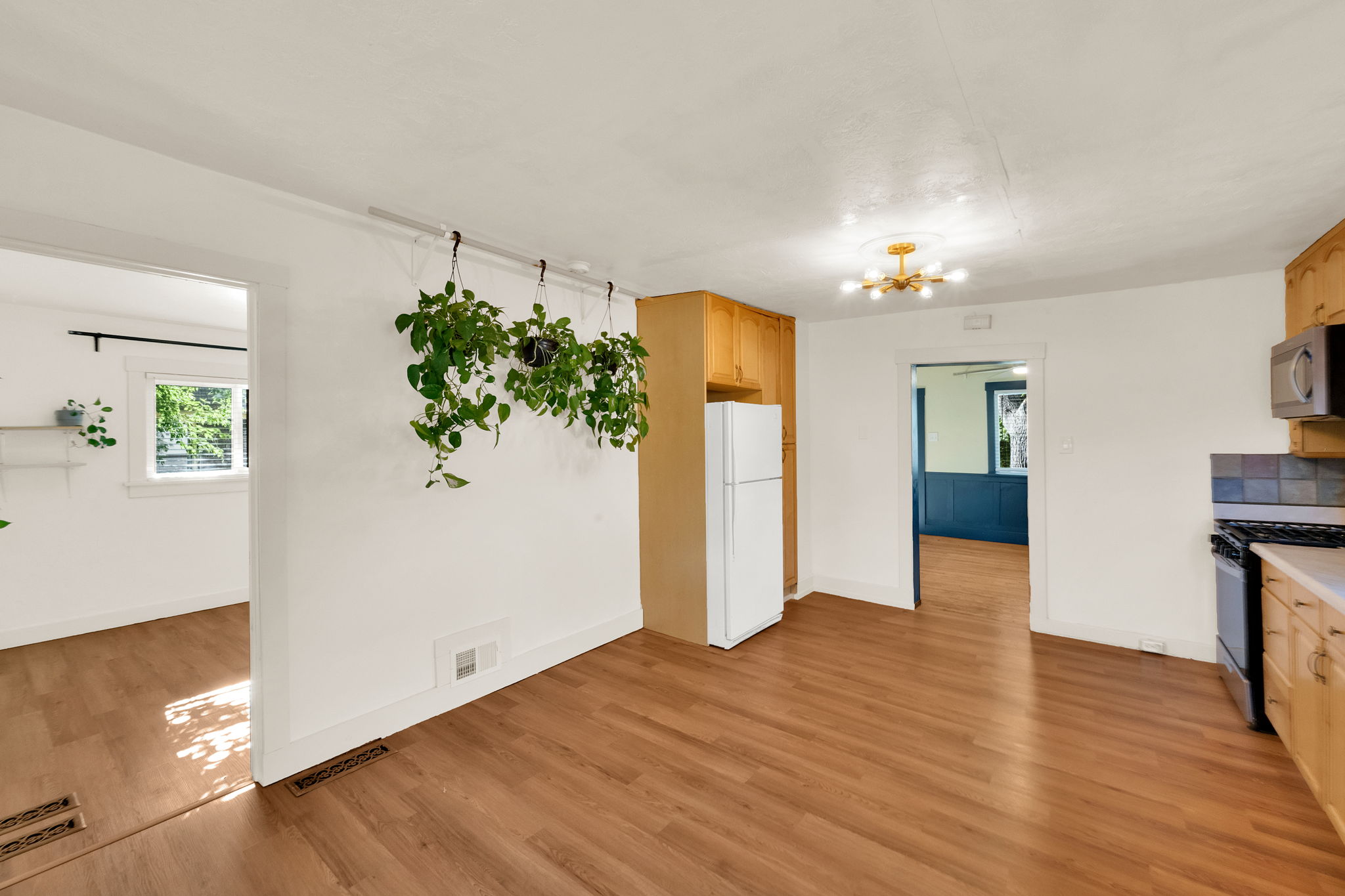 Open concept kitchen with wood-finish flooring and light wood cabinetry