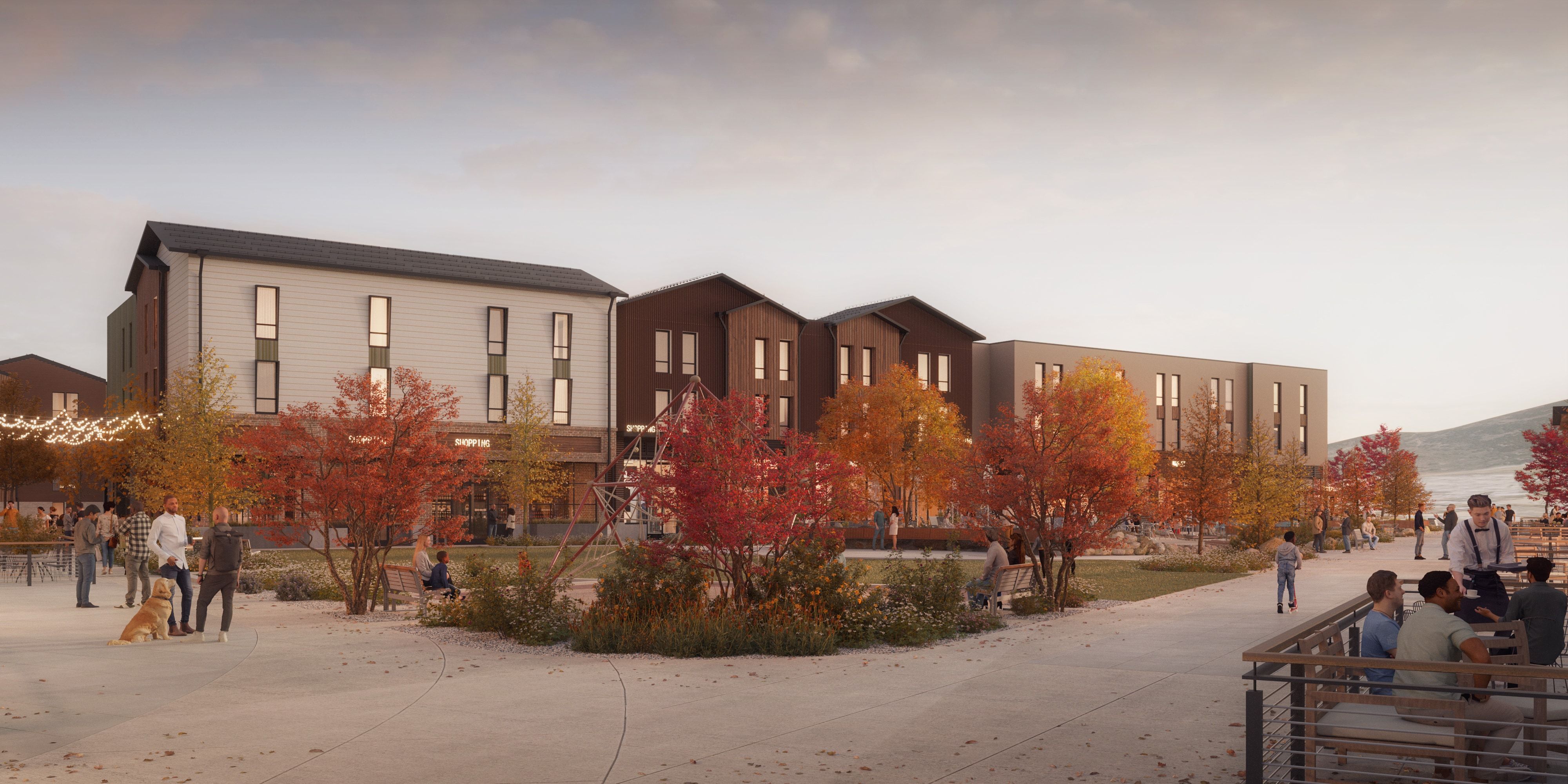 Modern mixed-use buildings featuring various facade materials and window configurations