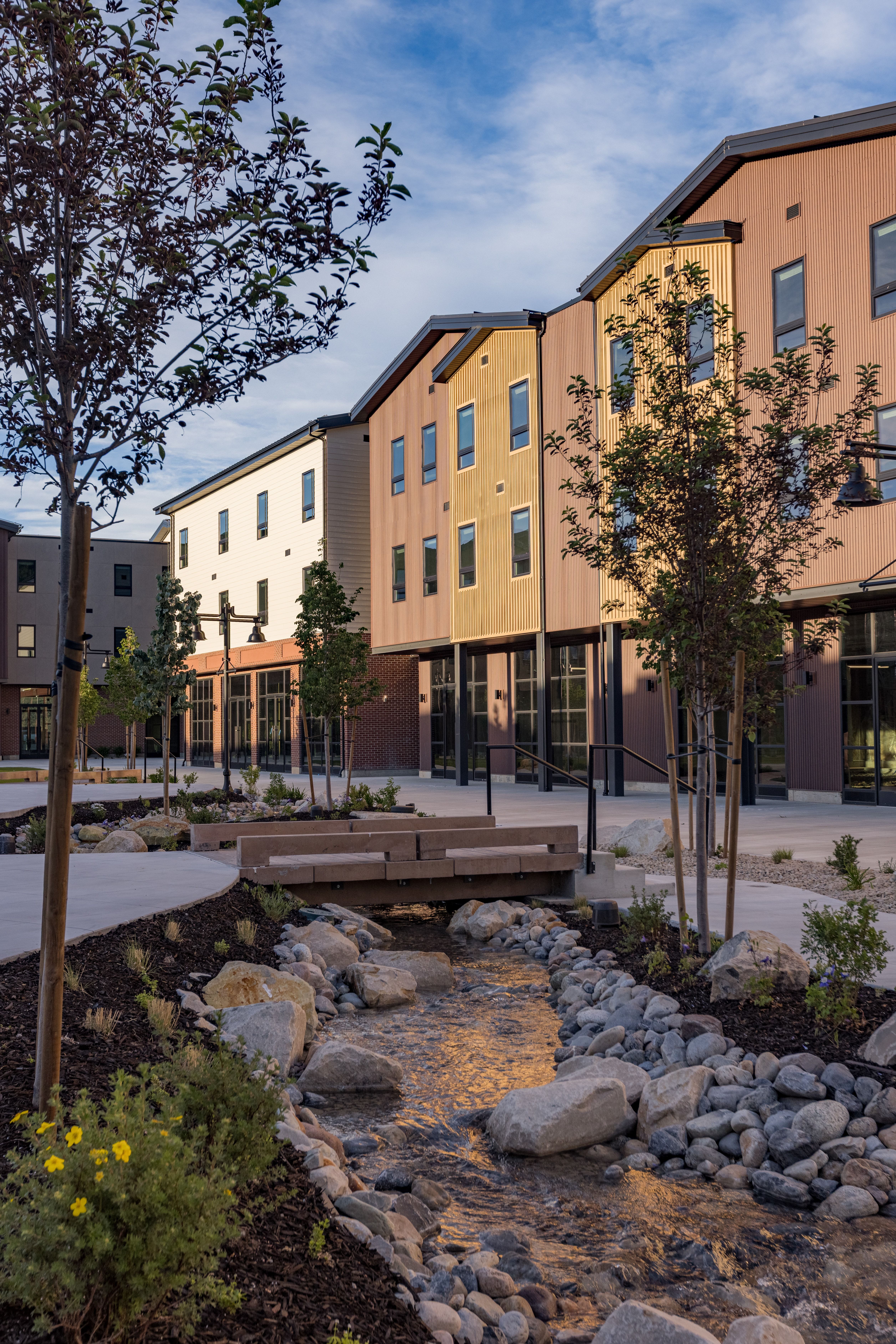 Modern multi-story buildings featuring varied siding materials and numerous windows