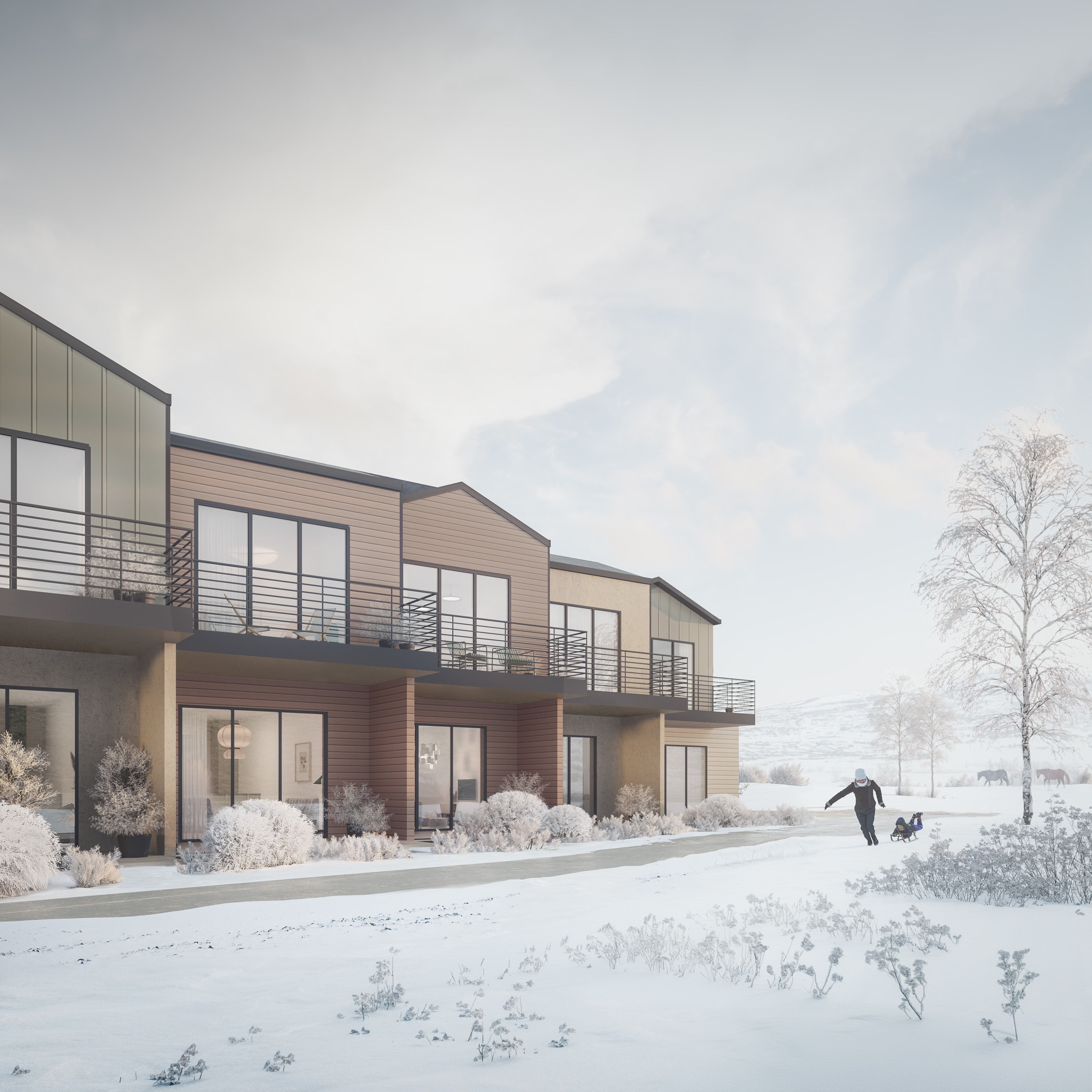 Modern multi-level townhomes featuring balconies with dark railings, a blend of horizontal siding and paneling, and large windows