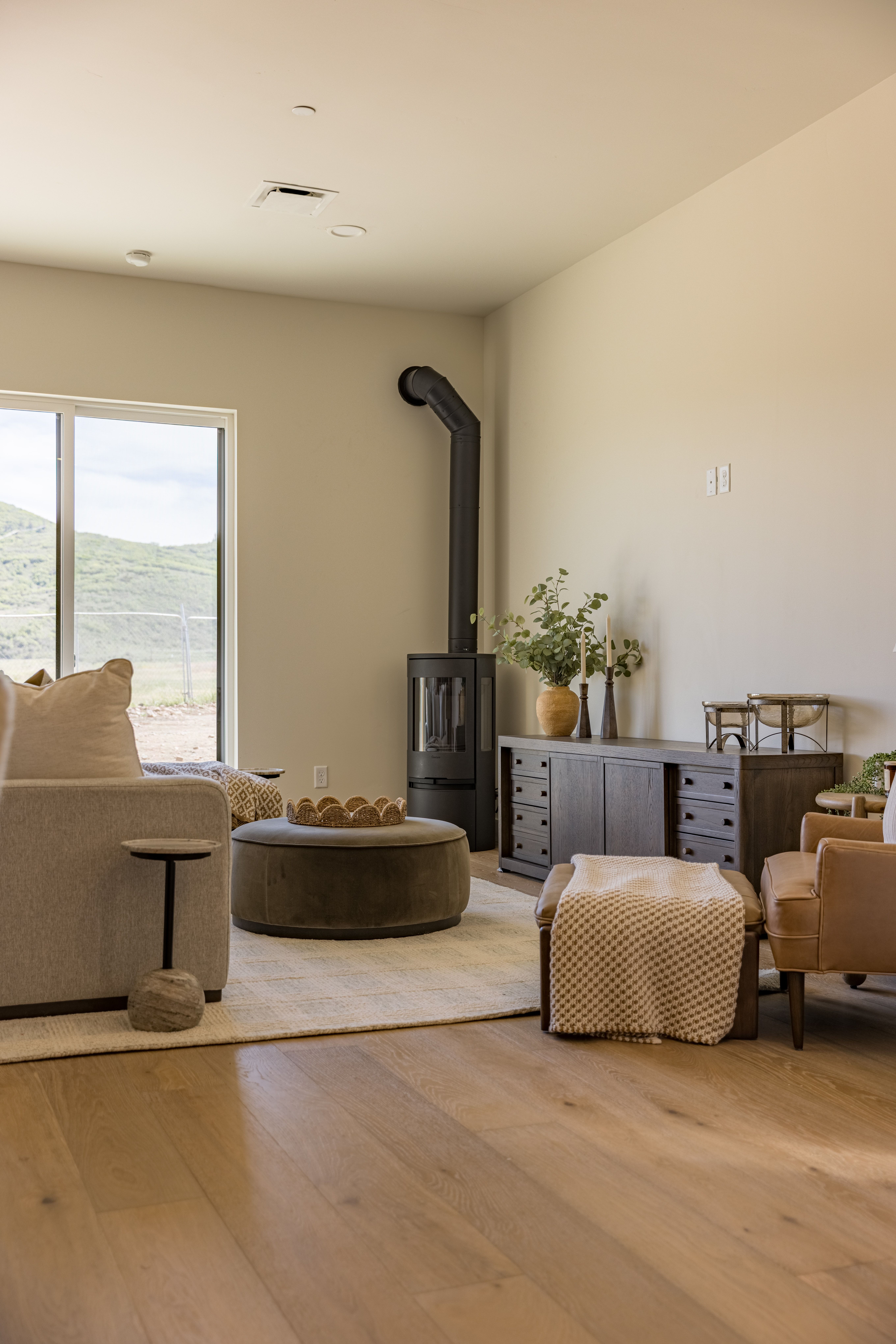 Spacious living area featuring wide-plank wood-finish flooring and a contemporary freestanding stove with exposed flue
