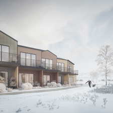 Modern townhome elevation featuring a combination of siding materials and a neutral color palette