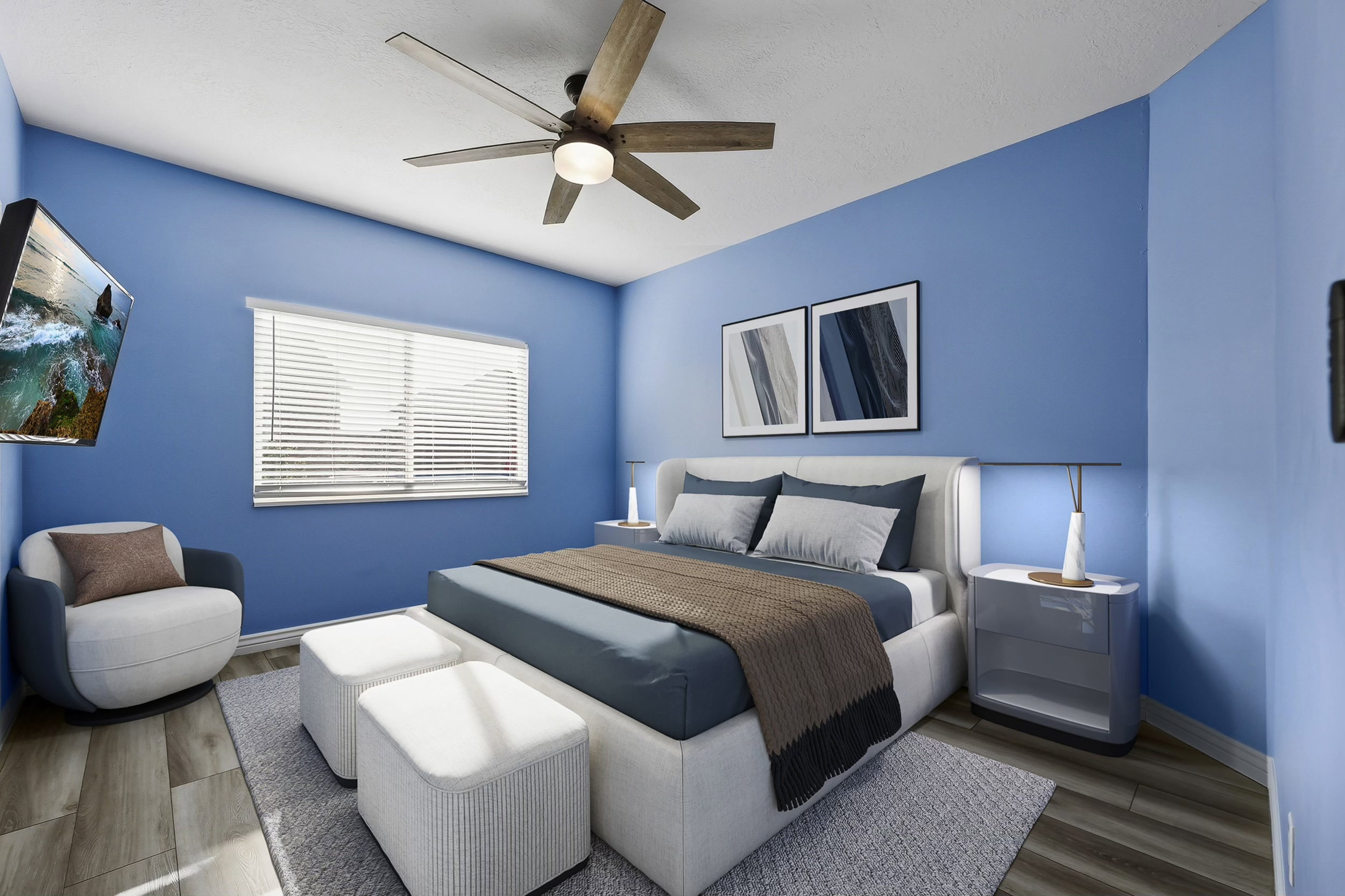 Spacious room featuring wood-finish flooring, a ceiling fan with integrated lighting, and a window with horizontal blinds