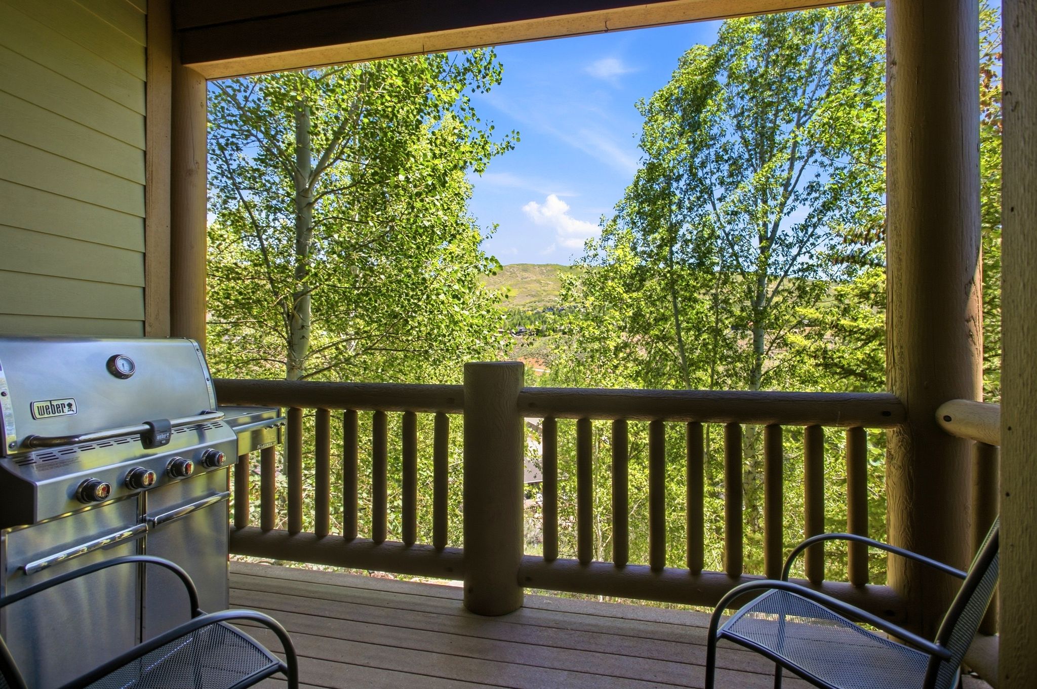Spacious outdoor deck featuring wood-finish flooring, a log railing, and a slatted wall