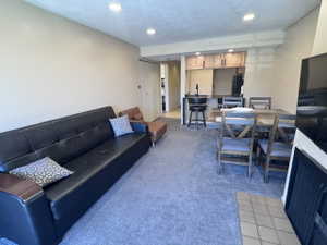 Open-concept living space with recessed lighting, an integrated dining area, and a kitchen pass-through