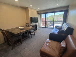 Open-concept living space featuring a sliding glass door to the exterior, recessed ceiling lighting, textured carpet flooring, and a built-in fireplace