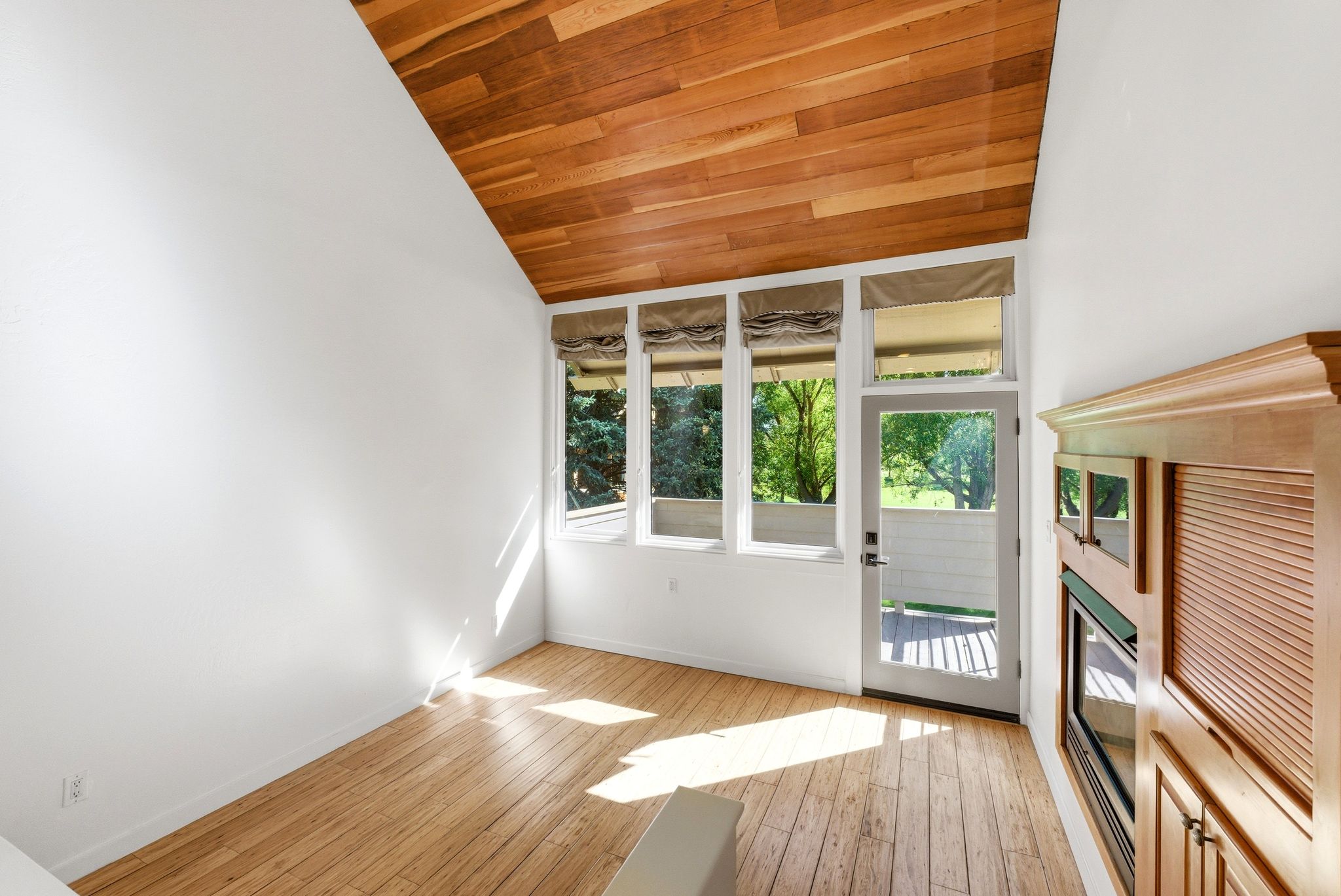 Wood-finish flooring with a wood-plank vaulted ceiling