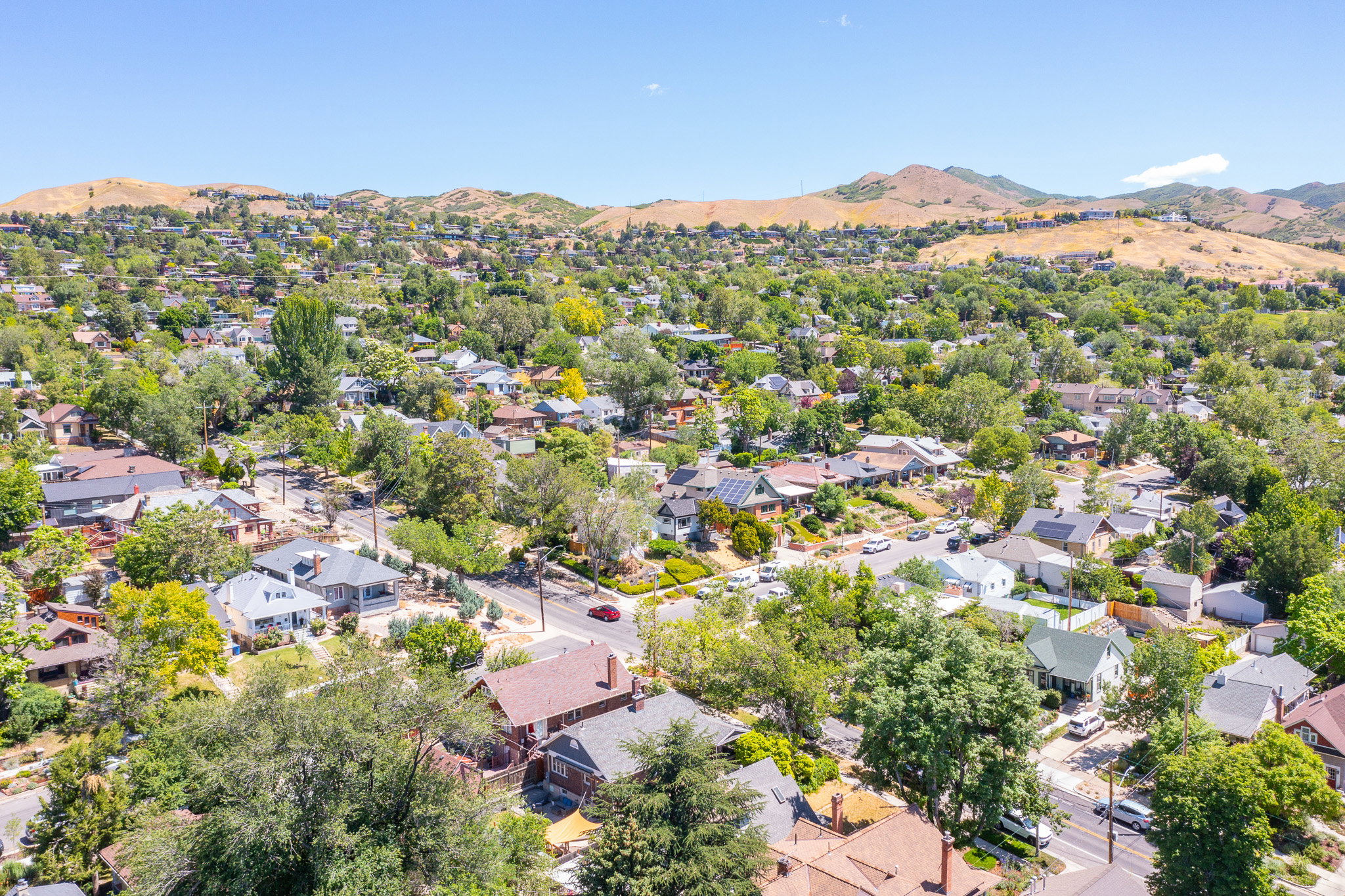 Expansive neighborhood featuring a variety of architectural styles, mature trees, and mountainous terrain