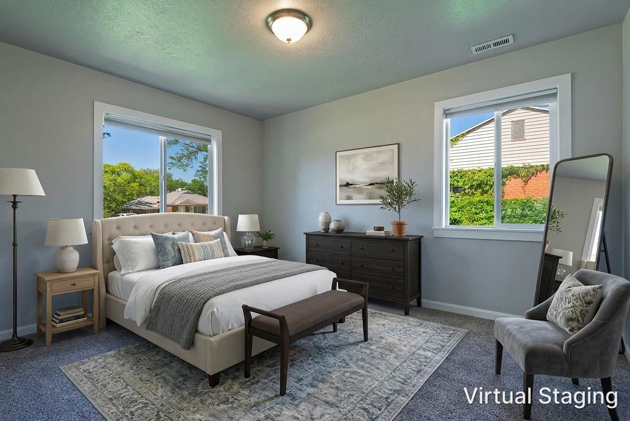 Light gray walls complementing blue-toned carpeting with a decorative area rug
