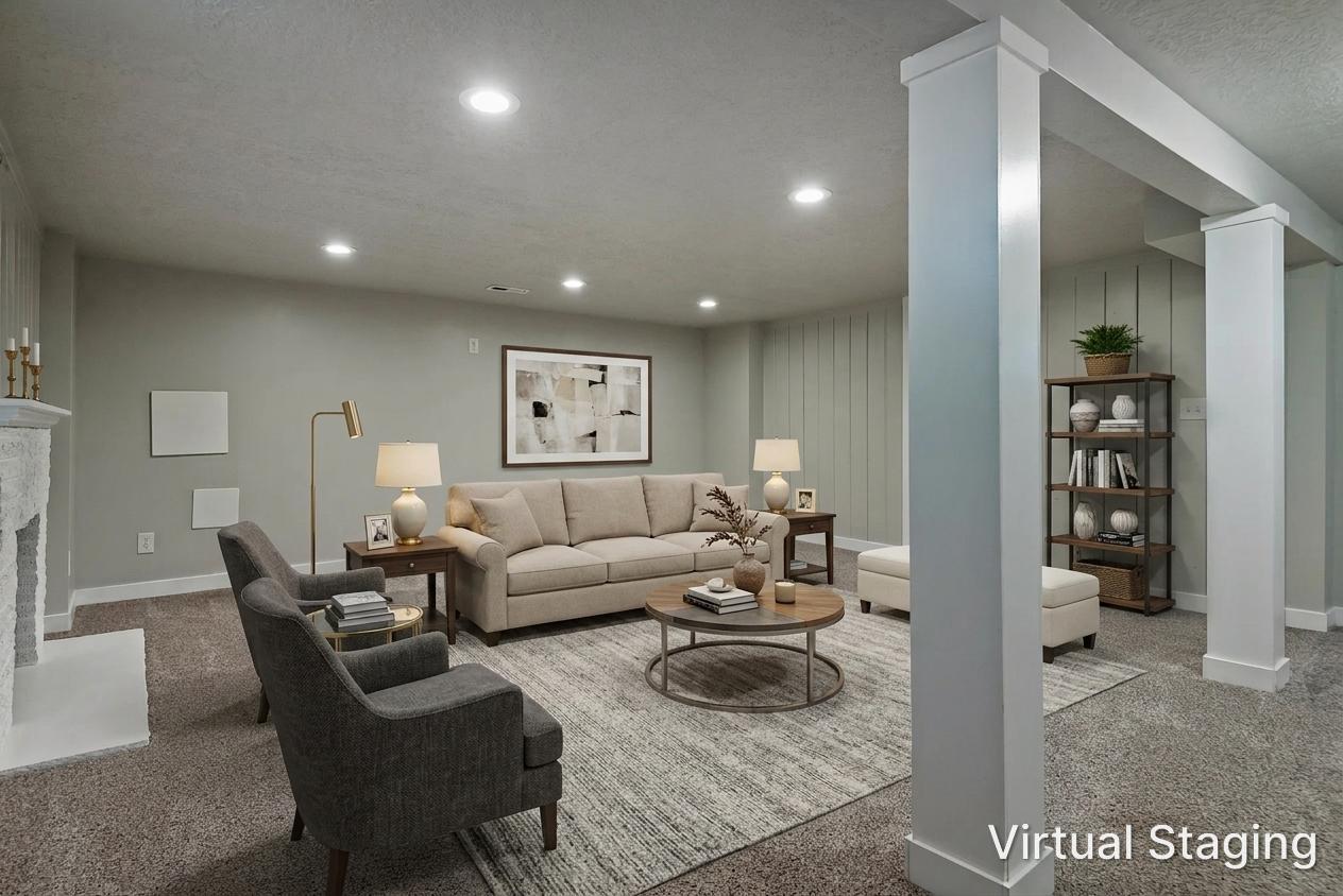 Spacious finished room featuring recessed lighting, gray wall paint, and plush carpeting throughout