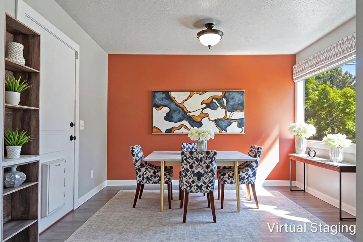 Dining area featuring a prominent accent wall, a large window with a patterned Roman shade, and wood-finish flooring