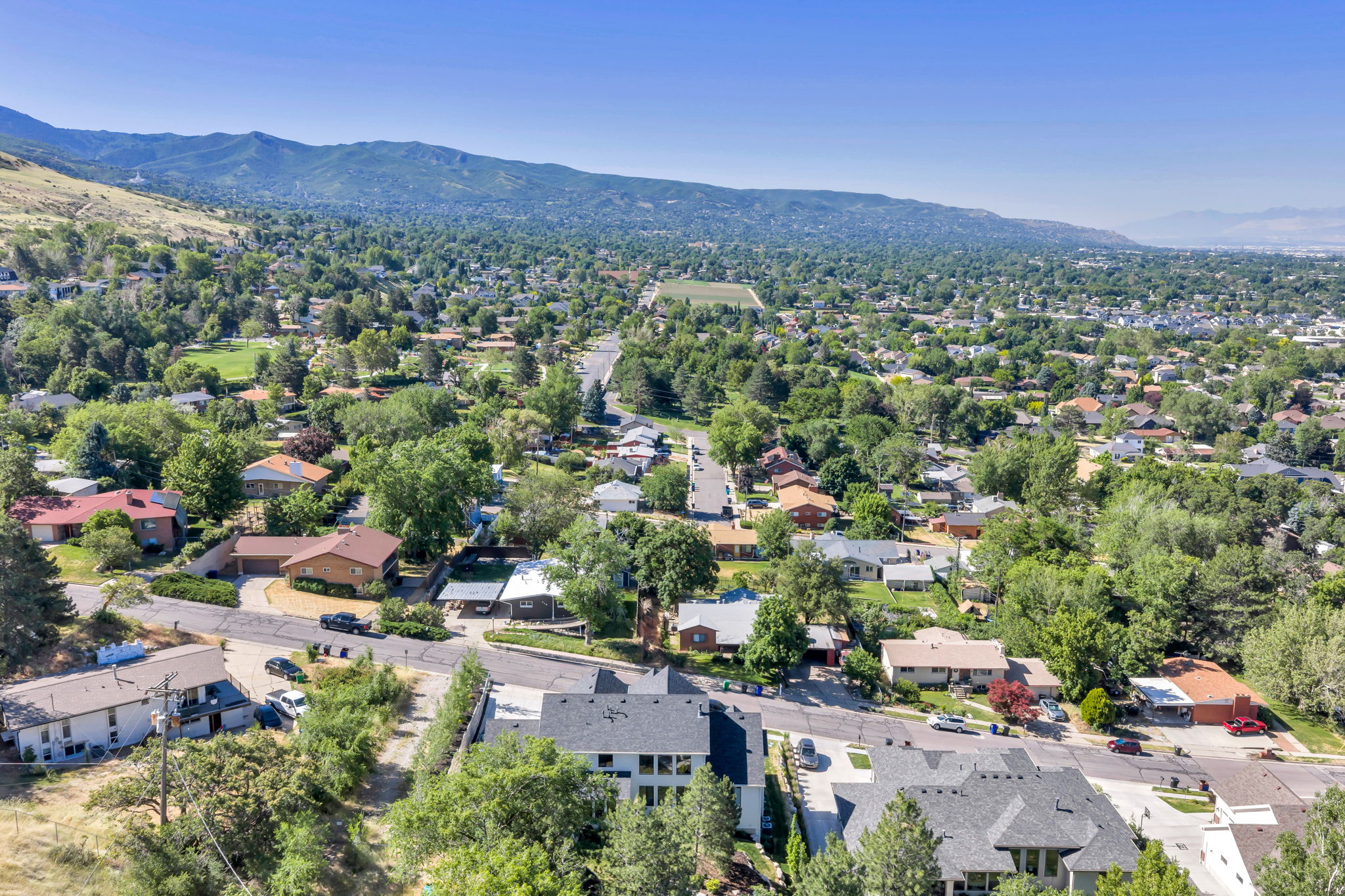 Aerial perspective showcasing residential properties within a tree-lined community